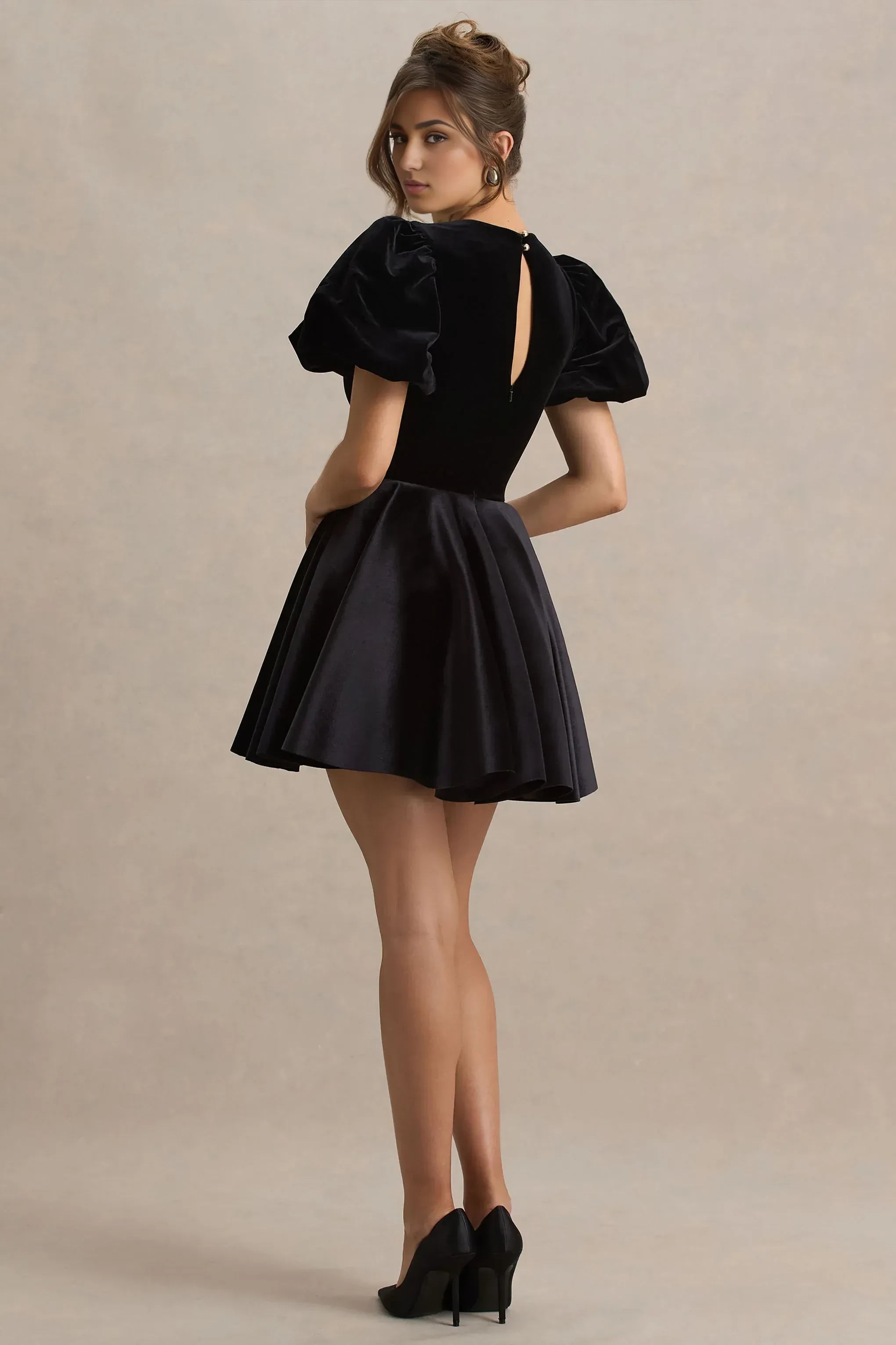 Daring A Line Crew Neck Puff Sleeve Keyhole Back Velvet Short Prom Dress