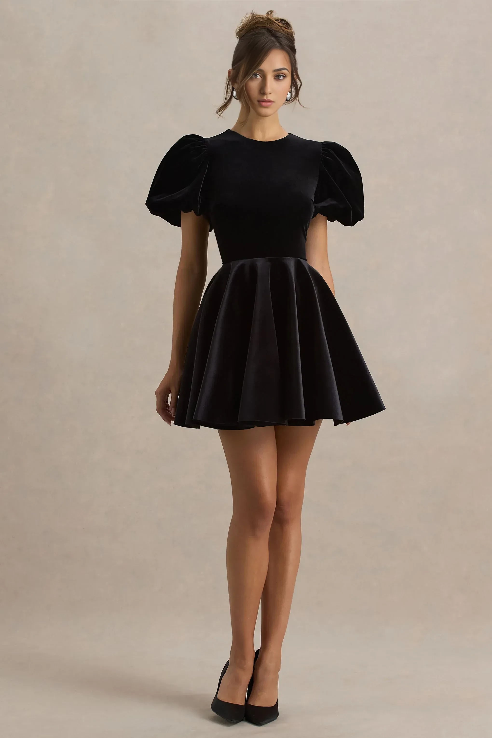 Daring A Line Crew Neck Puff Sleeve Keyhole Back Velvet Short Prom Dress