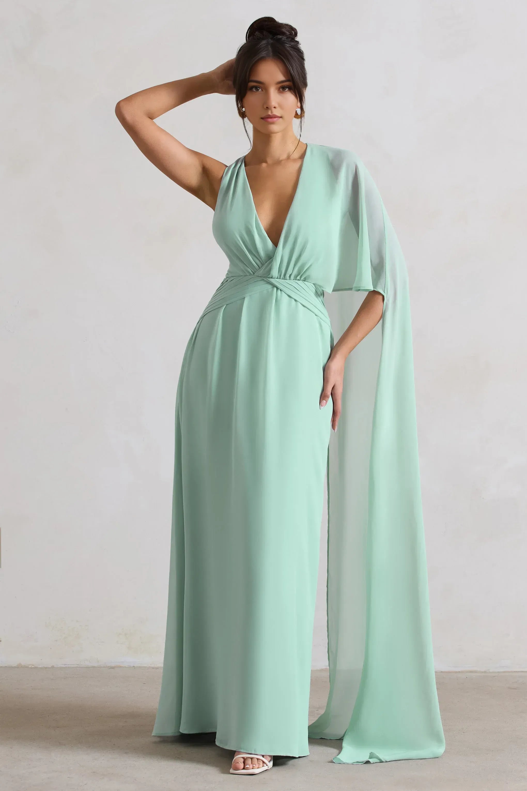 Daring A Line Deep V Neck Asymmetrical Cape Sleeve Plus Size Floor Length Evening Dress