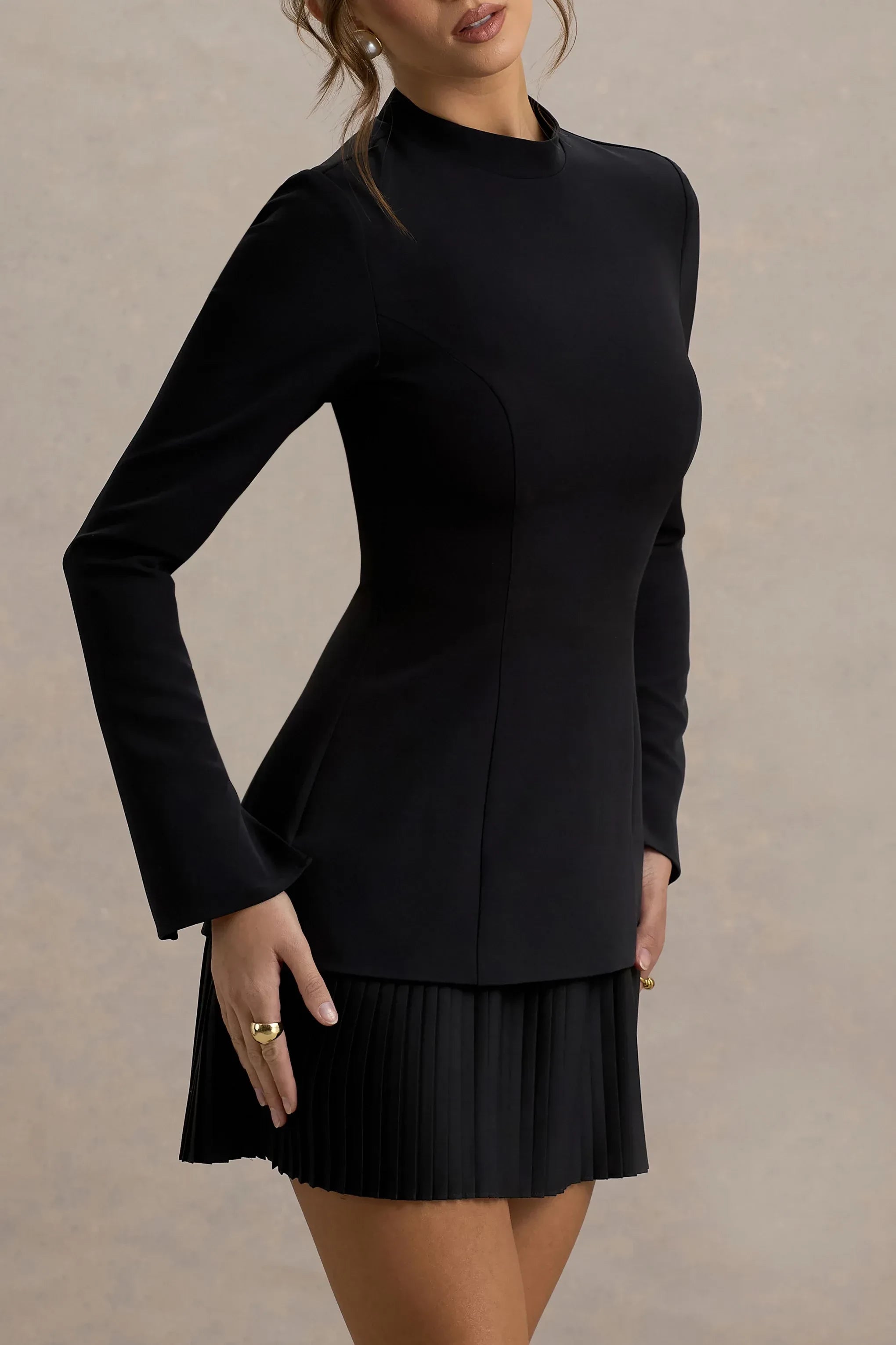 Daring A Line Mock Neck Long Sleeve Pleated Accent Short Prom Dress