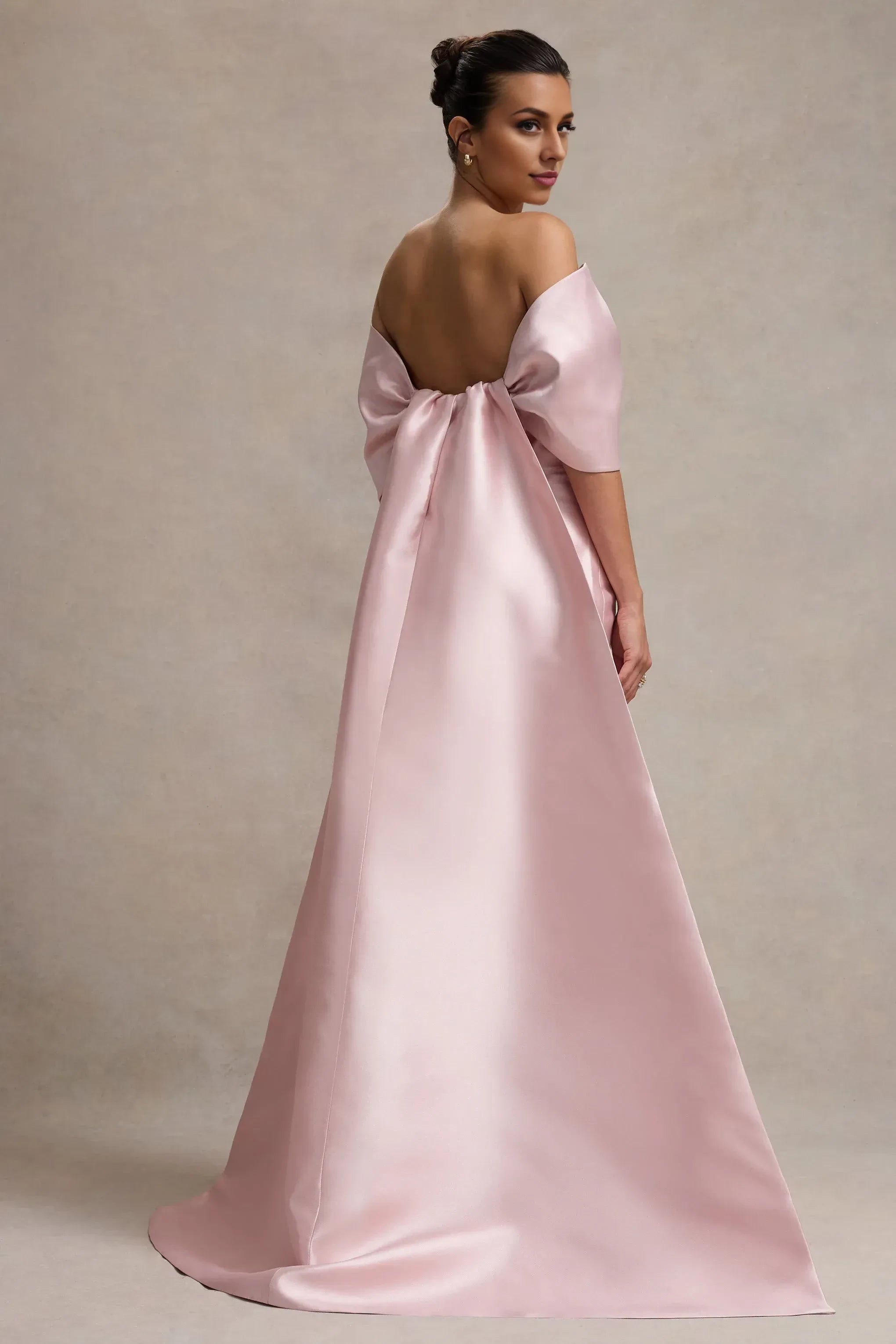 Daring A Line Off Shoulder Bow Accent Short Sleeve Open Back Floor Length Prom Dress