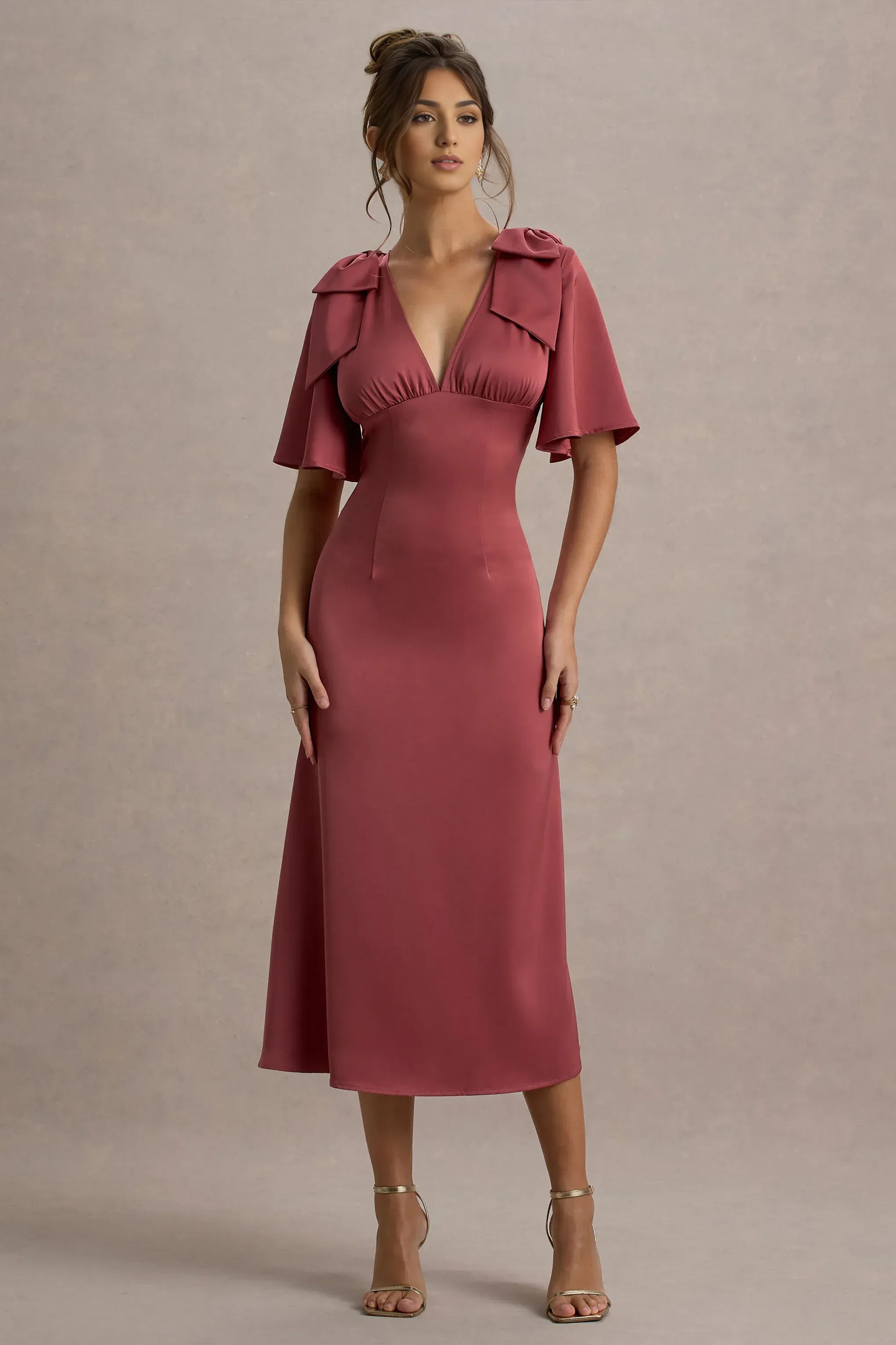 Daring A Line Plunge Neck Flutter Sleeve Bow Accent Midi Prom Dress