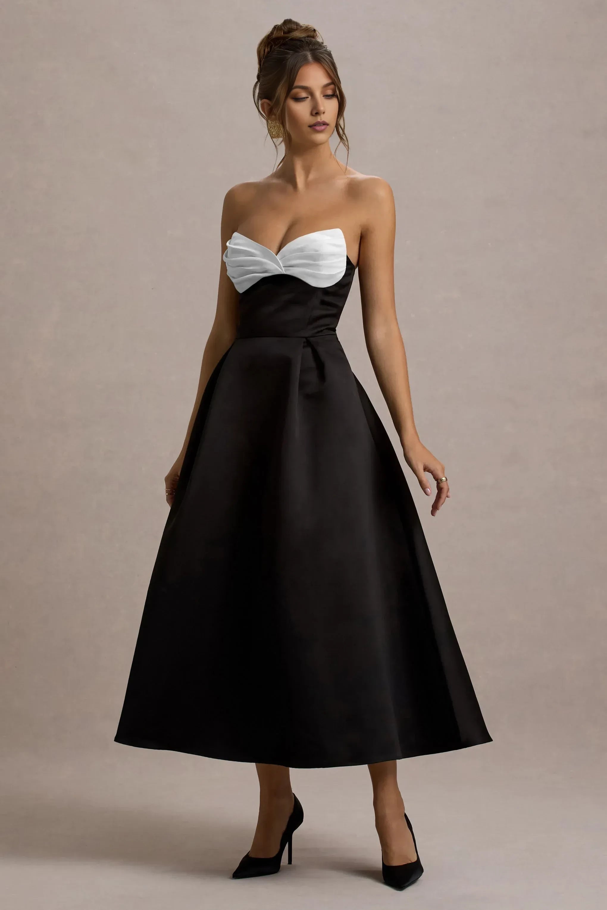 Daring A Line Strapless Sleeveless Color Block Accent Midi Prom Dress