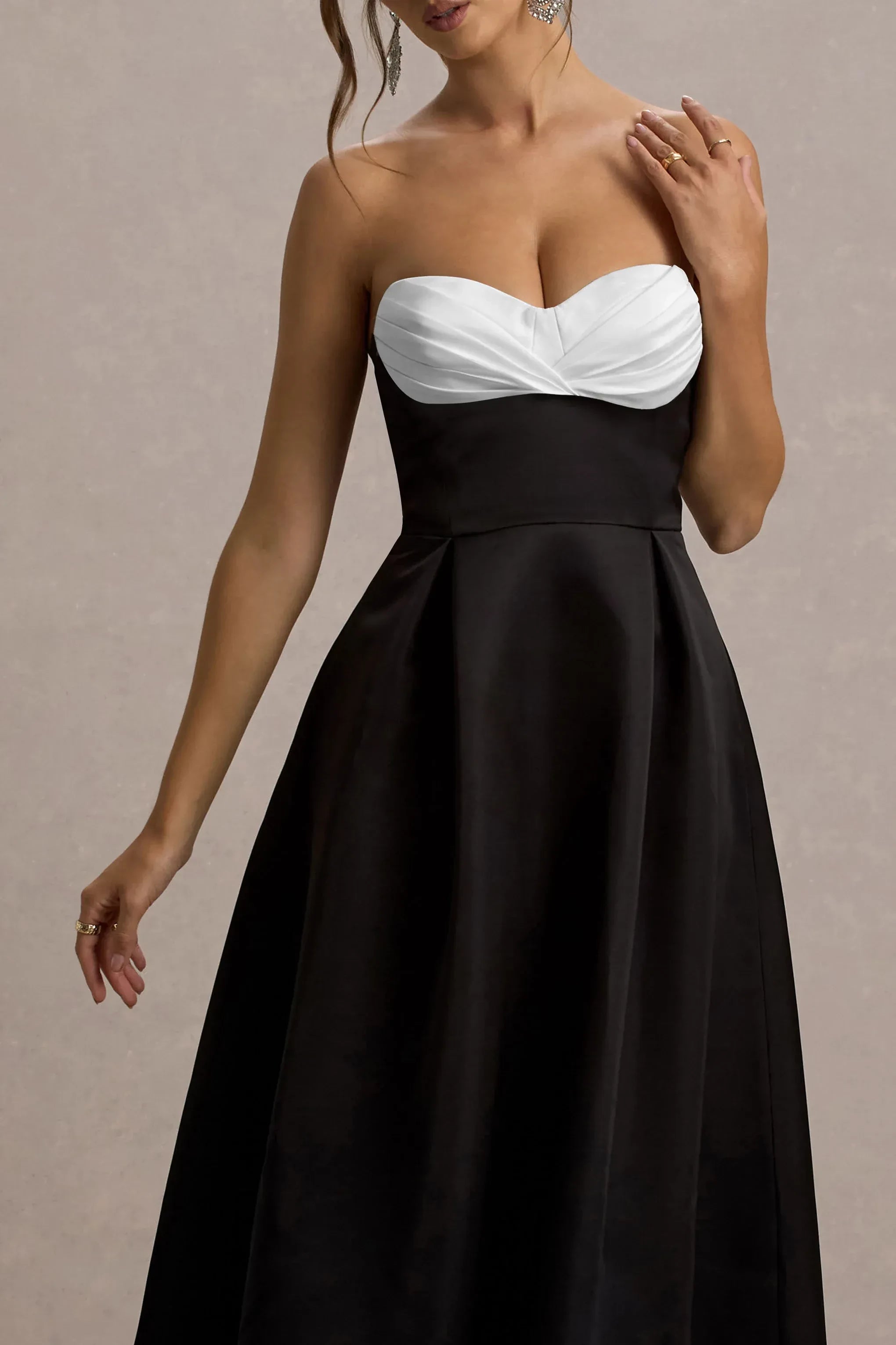 Daring A Line Strapless Sleeveless Color Block Accent Midi Prom Dress