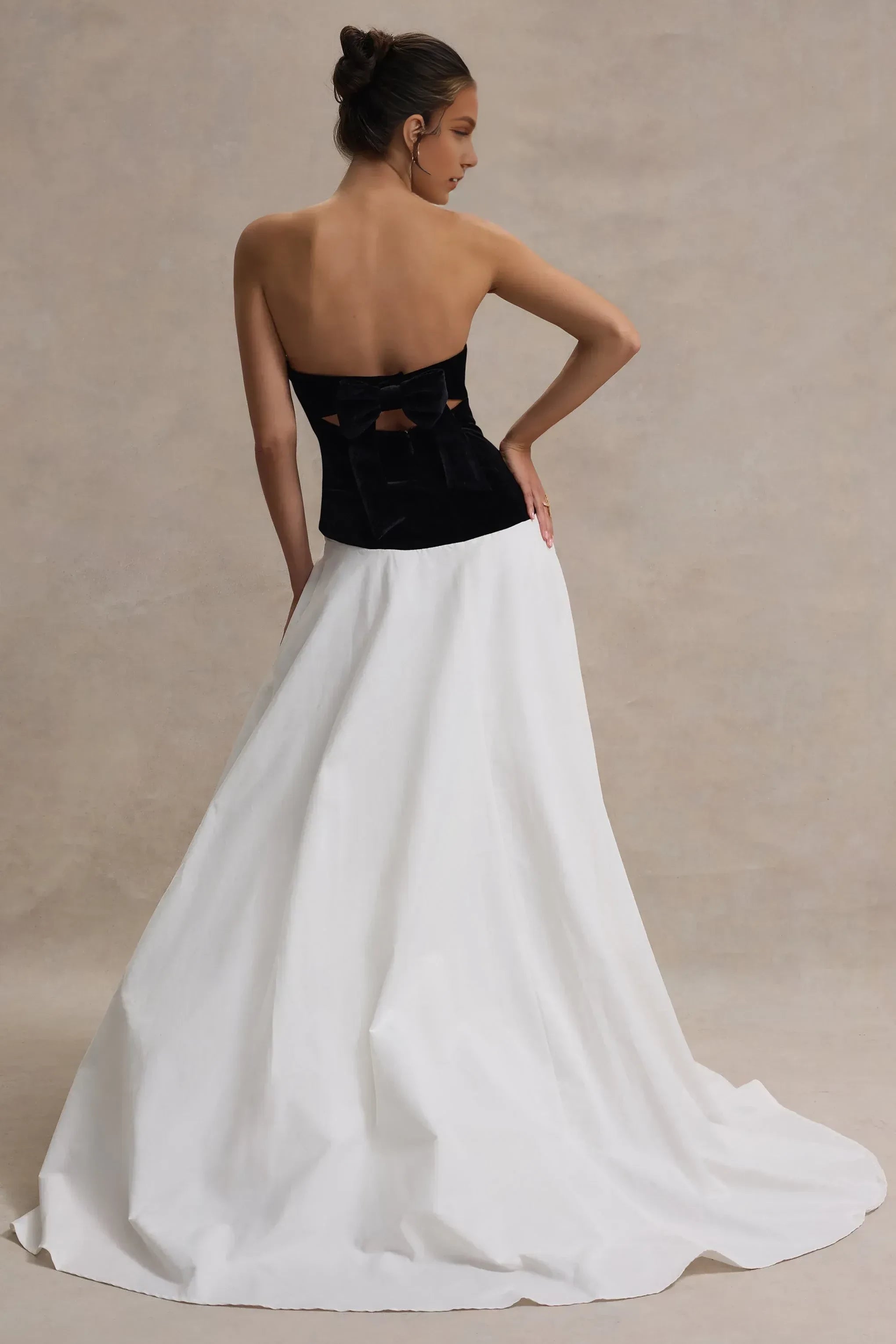 Daring A Line Strapless Sleeveless Color Block Bow Back High Slit Floor Length Prom Dress