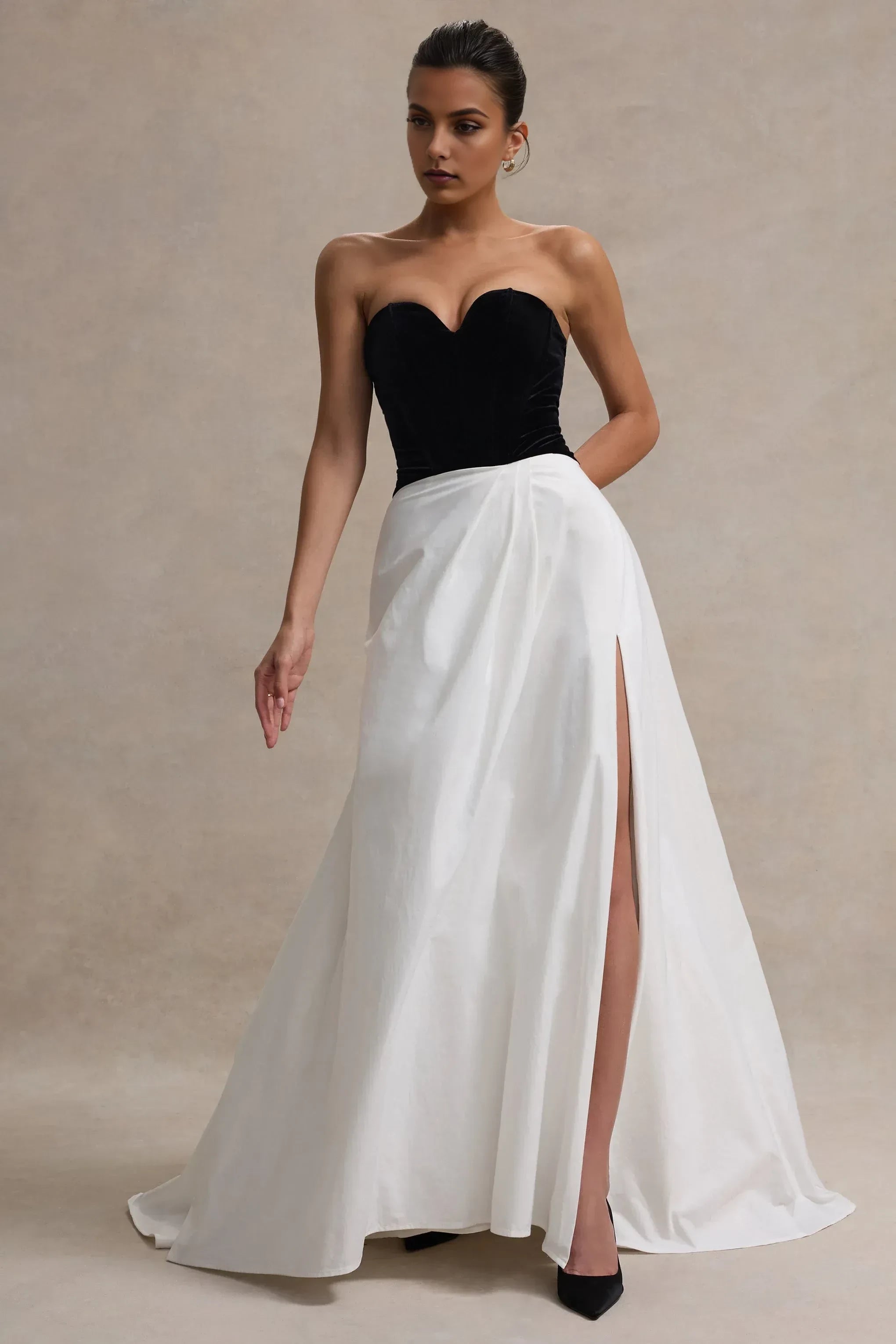 Daring A Line Strapless Sleeveless Color Block Bow Back High Slit Floor Length Prom Dress