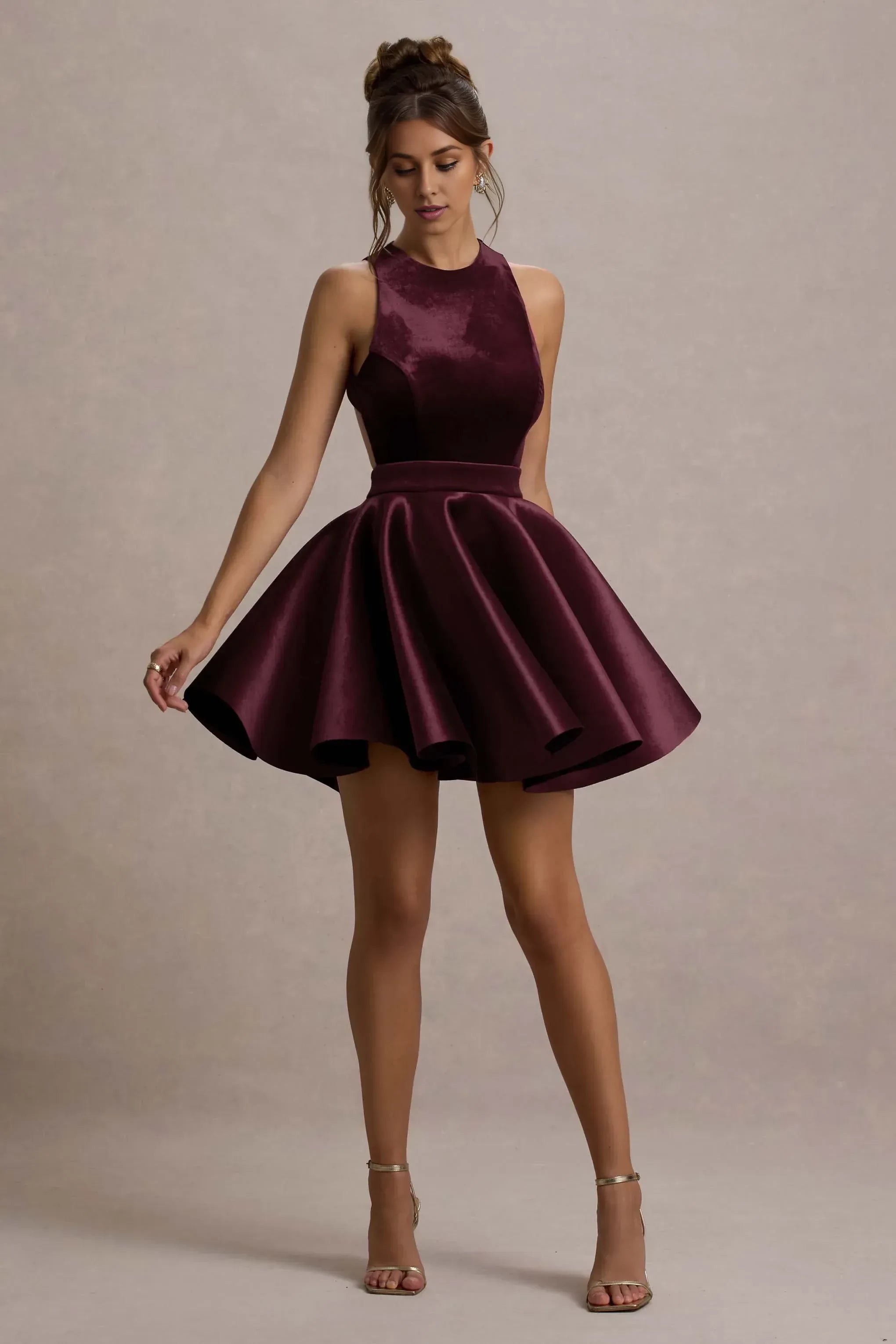 Daring Fit Flare High Neck Sleeveless Open Back Short Prom Dress