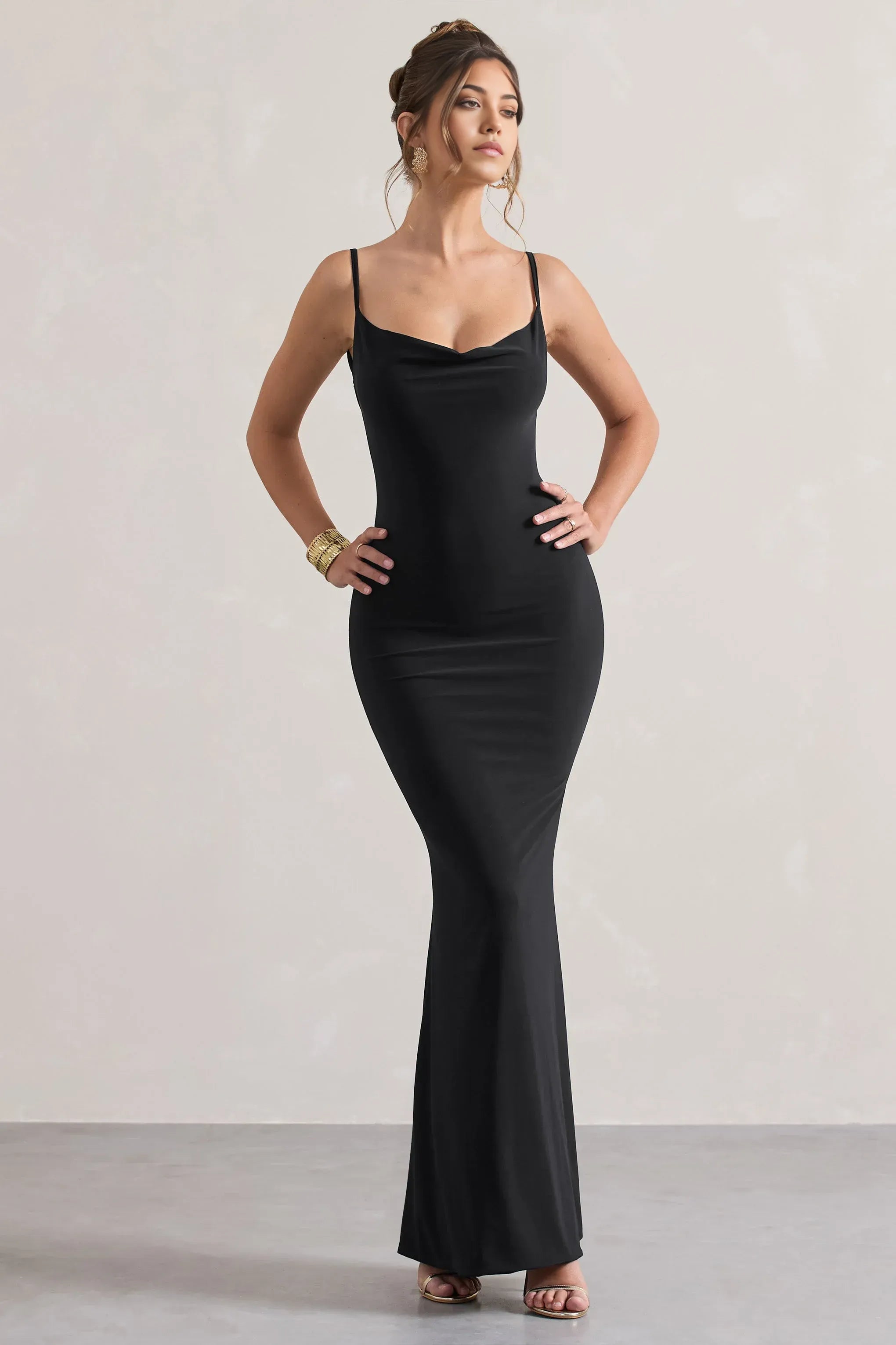 Daring Mermaid Cowl Neck Sleeveless Lace Accent Open Back Floor Length Evening Dress
