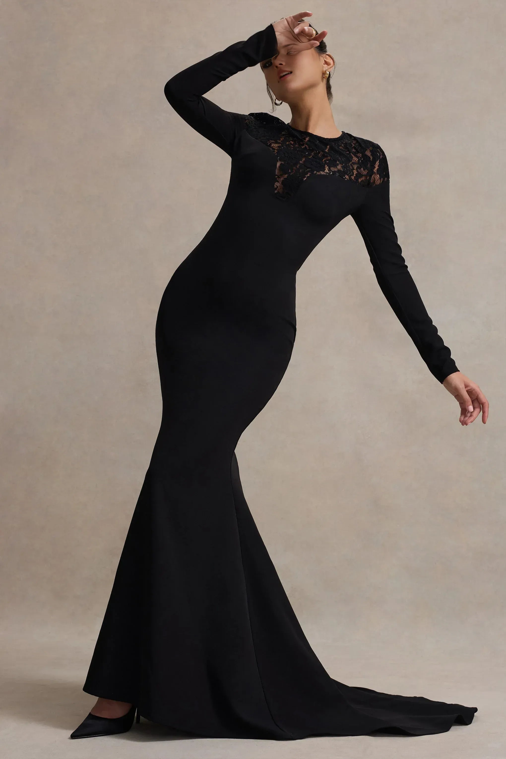 Daring Mermaid Crew Neck Long Sleeve Lace Accent Keyhole Back Floor Length Prom Dress