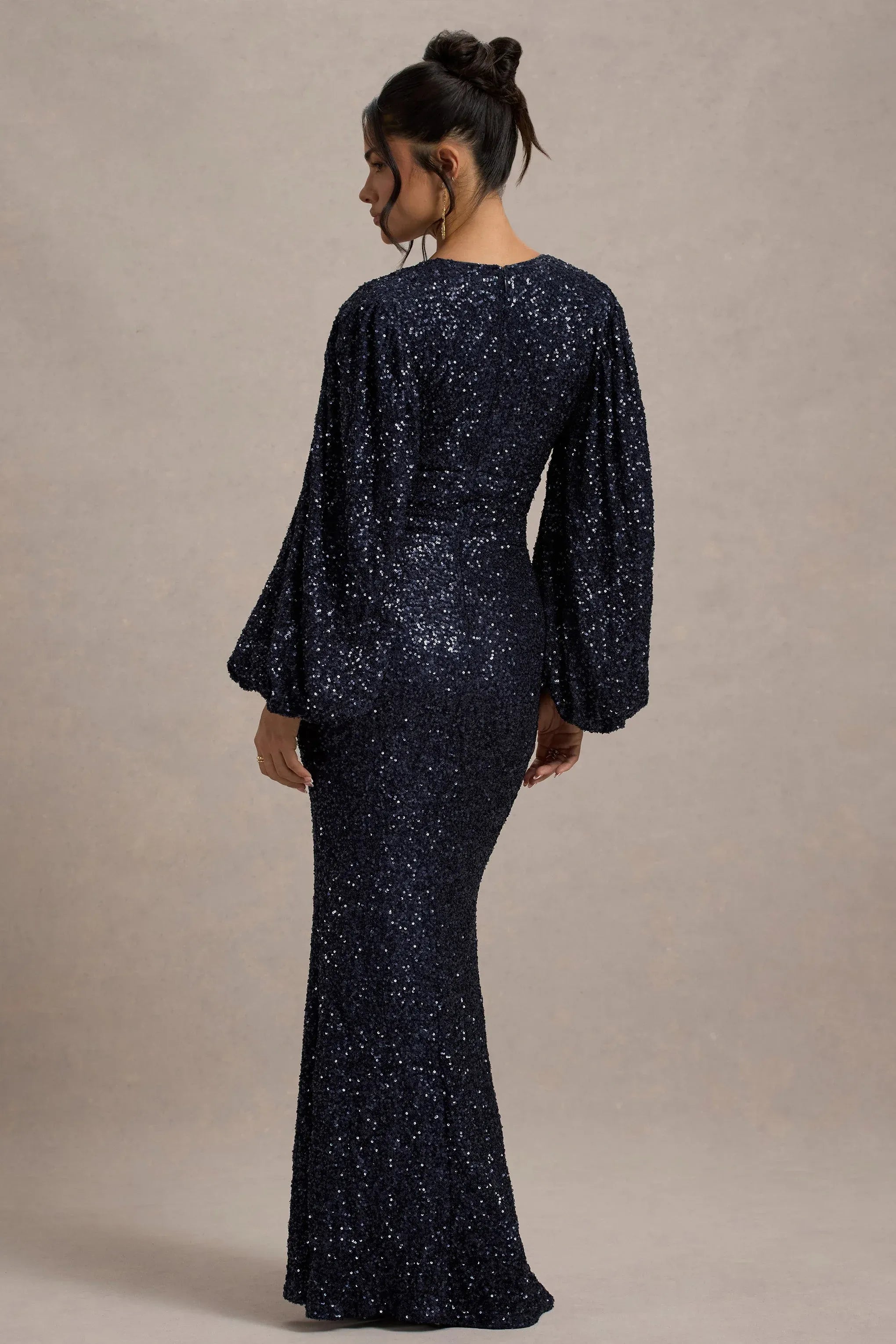 Daring Mermaid Deep V Neck Balloon Sleeve Sequin Accent Plus Size Floor Length Evening Dress