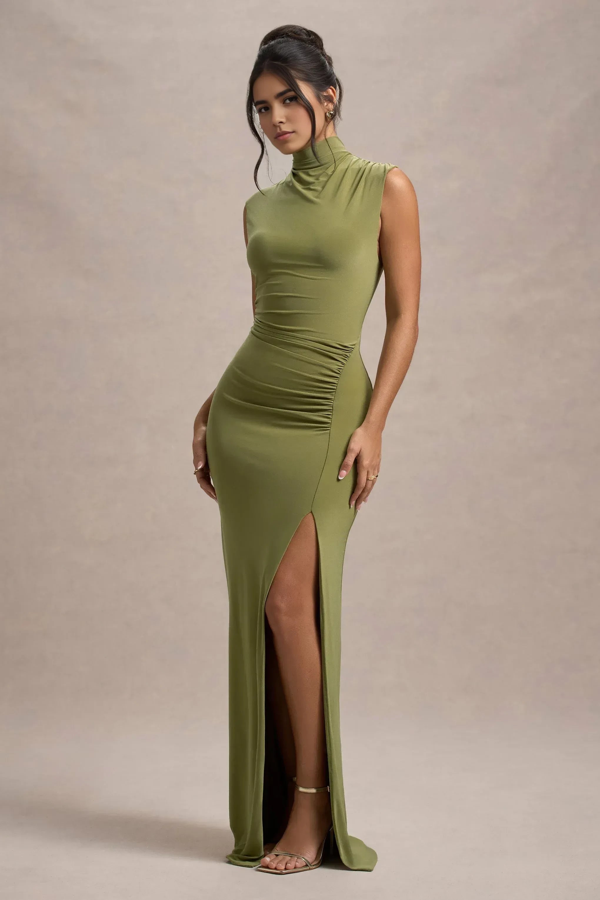 Daring Mermaid High Neck Sleeveless Ruched High Slit Floor Length Prom Dress