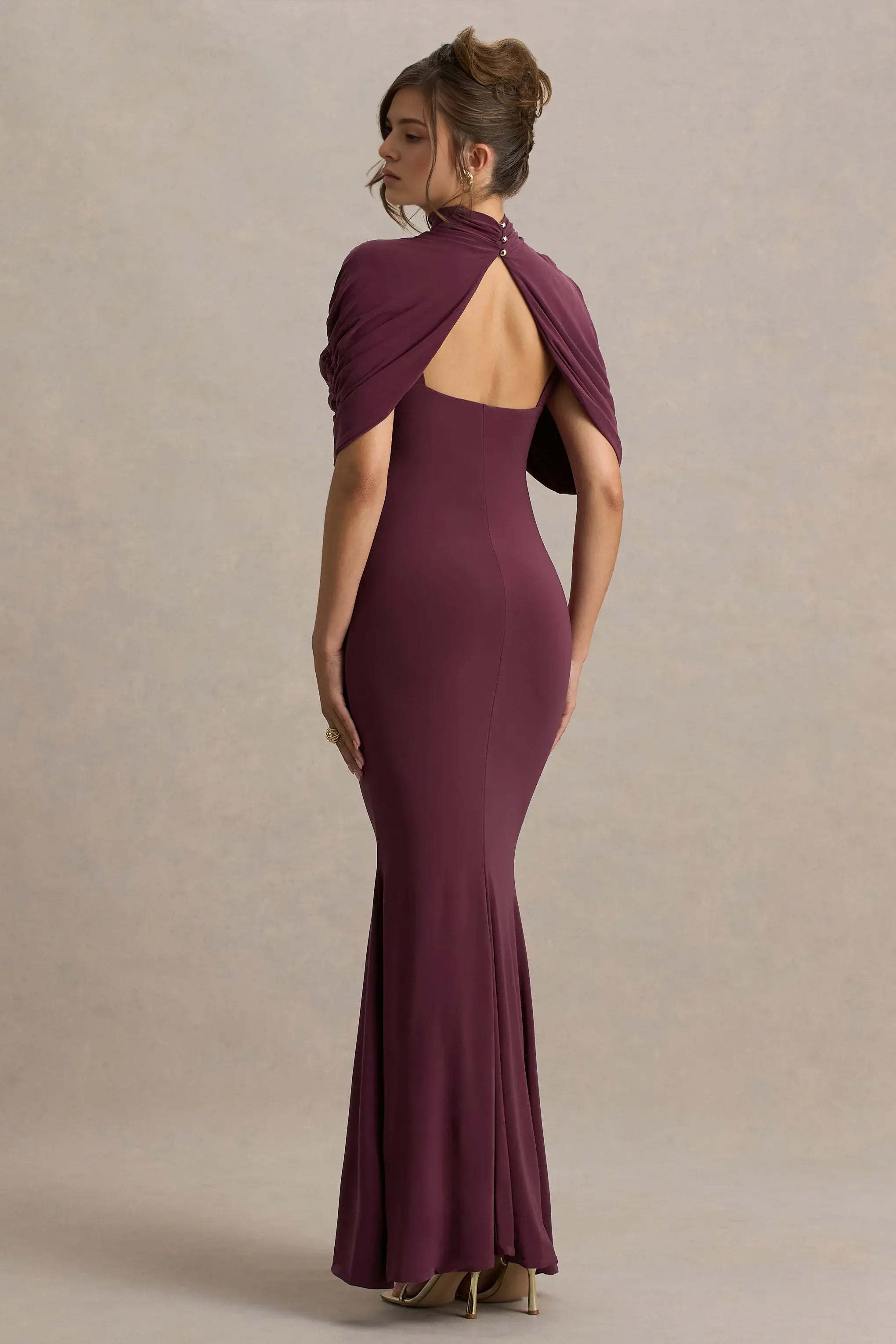 Daring Mermaid Mock Neck Draped Sleeve Open Back Floor Length Prom Dress