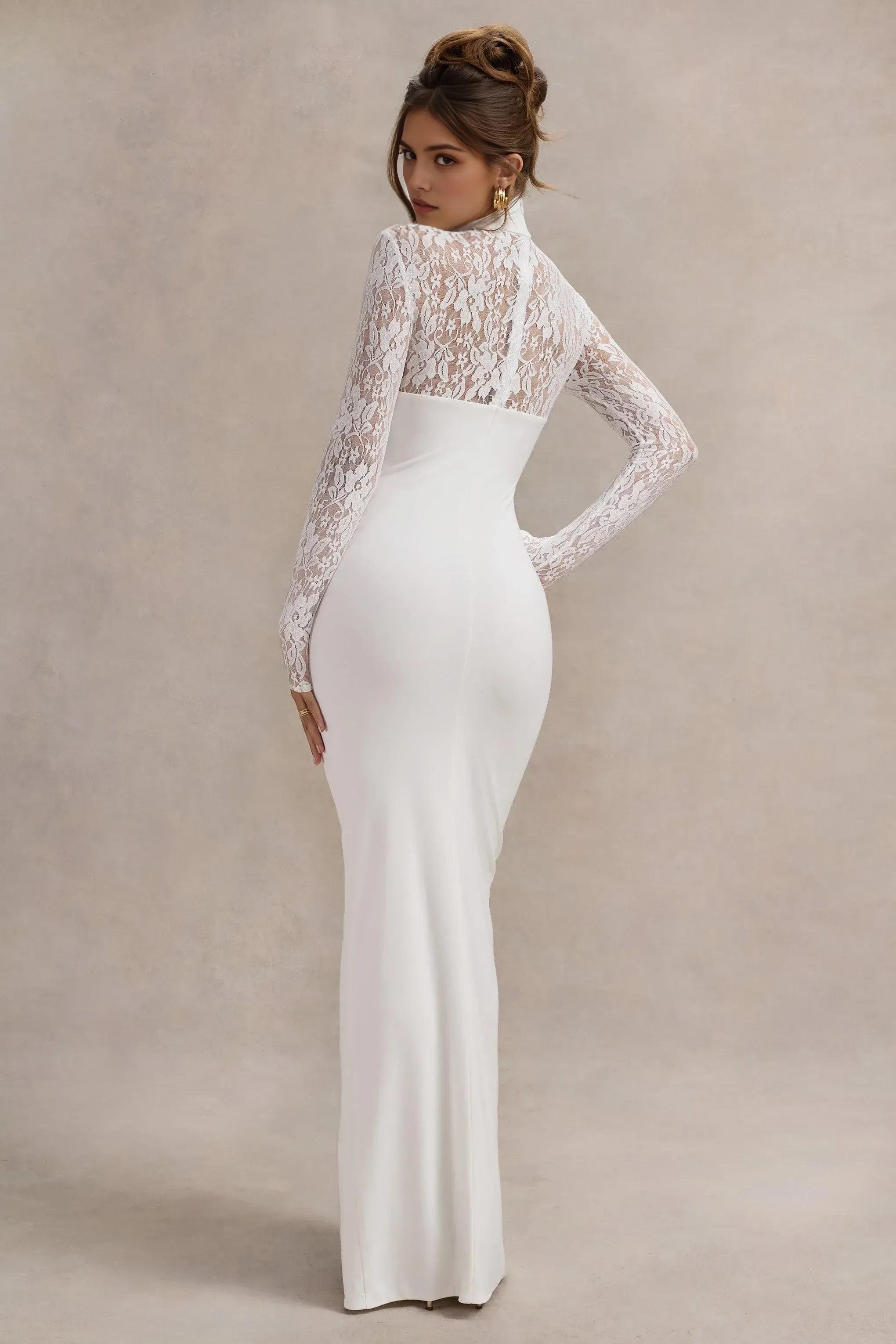 Daring Mermaid Mock Neck Lace Long Sleeve High Slit Floor Length Prom Dress