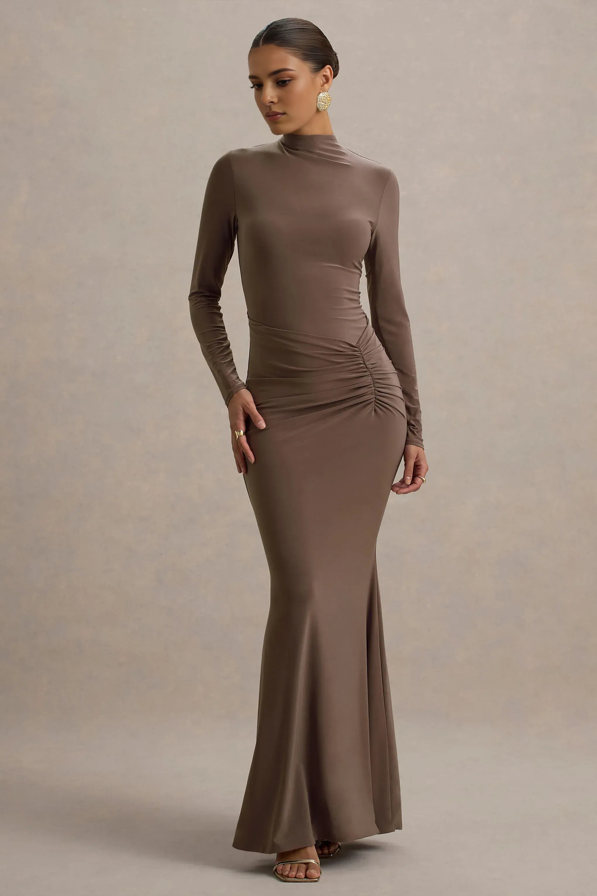 Daring Mermaid Mock Neck Long Sleeve Ruched Floor Length Prom Dress