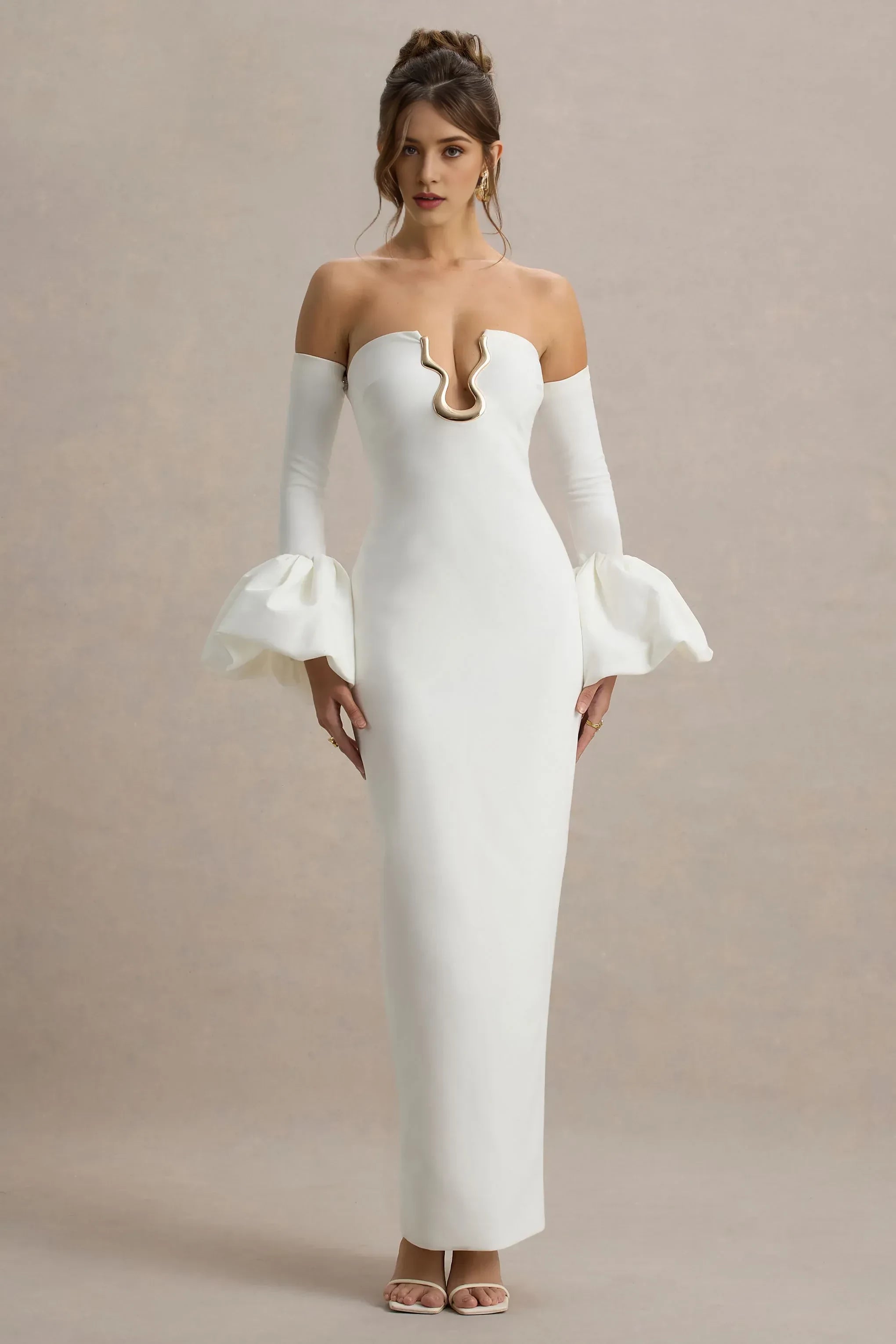 Daring Mermaid Off Shoulder Statement Hardware Bell Sleeve High Slit Floor Length Prom Dress