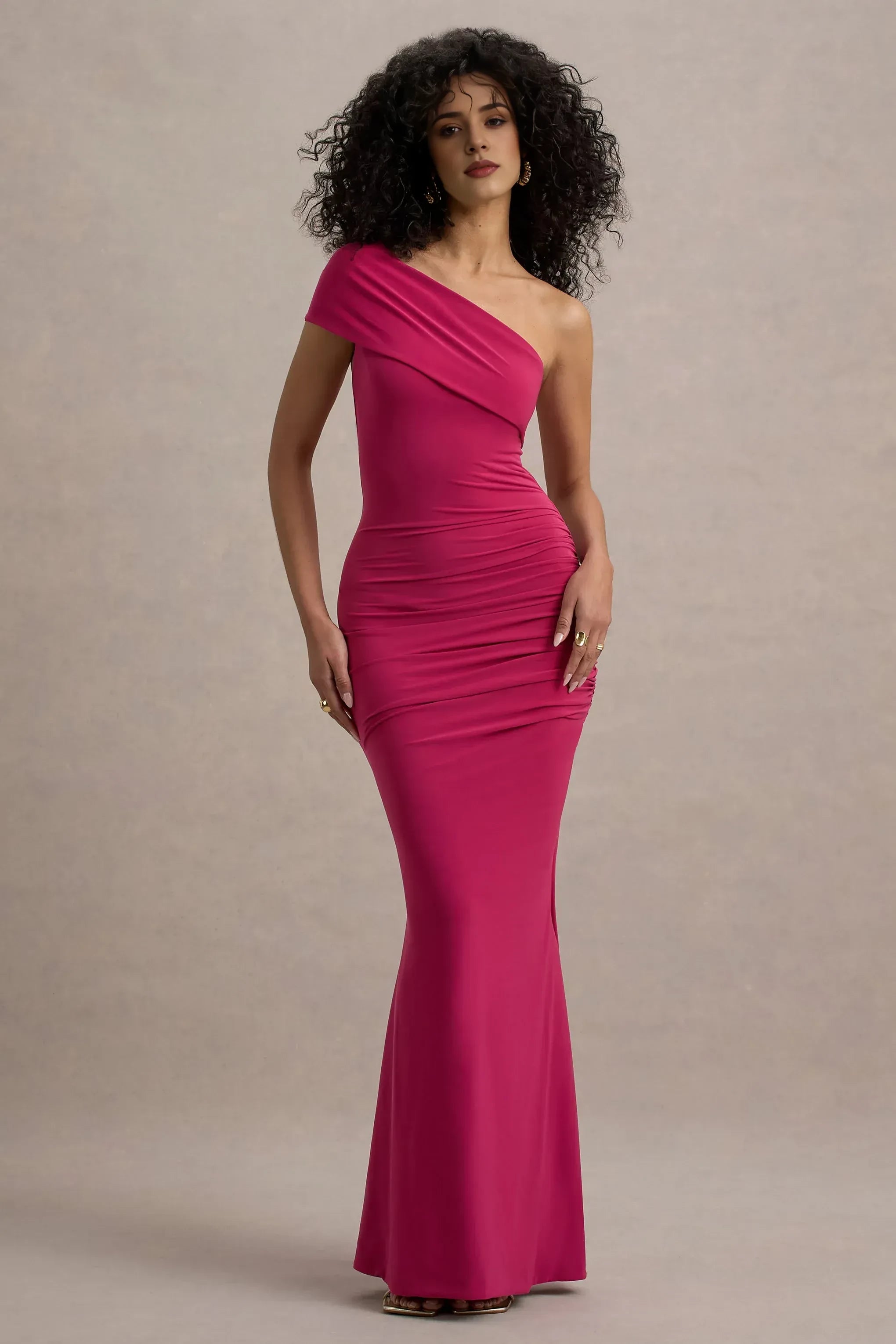 Daring Mermaid One Shoulder Ruched Accent Sleeveless High Slit Floor Length Prom Dress