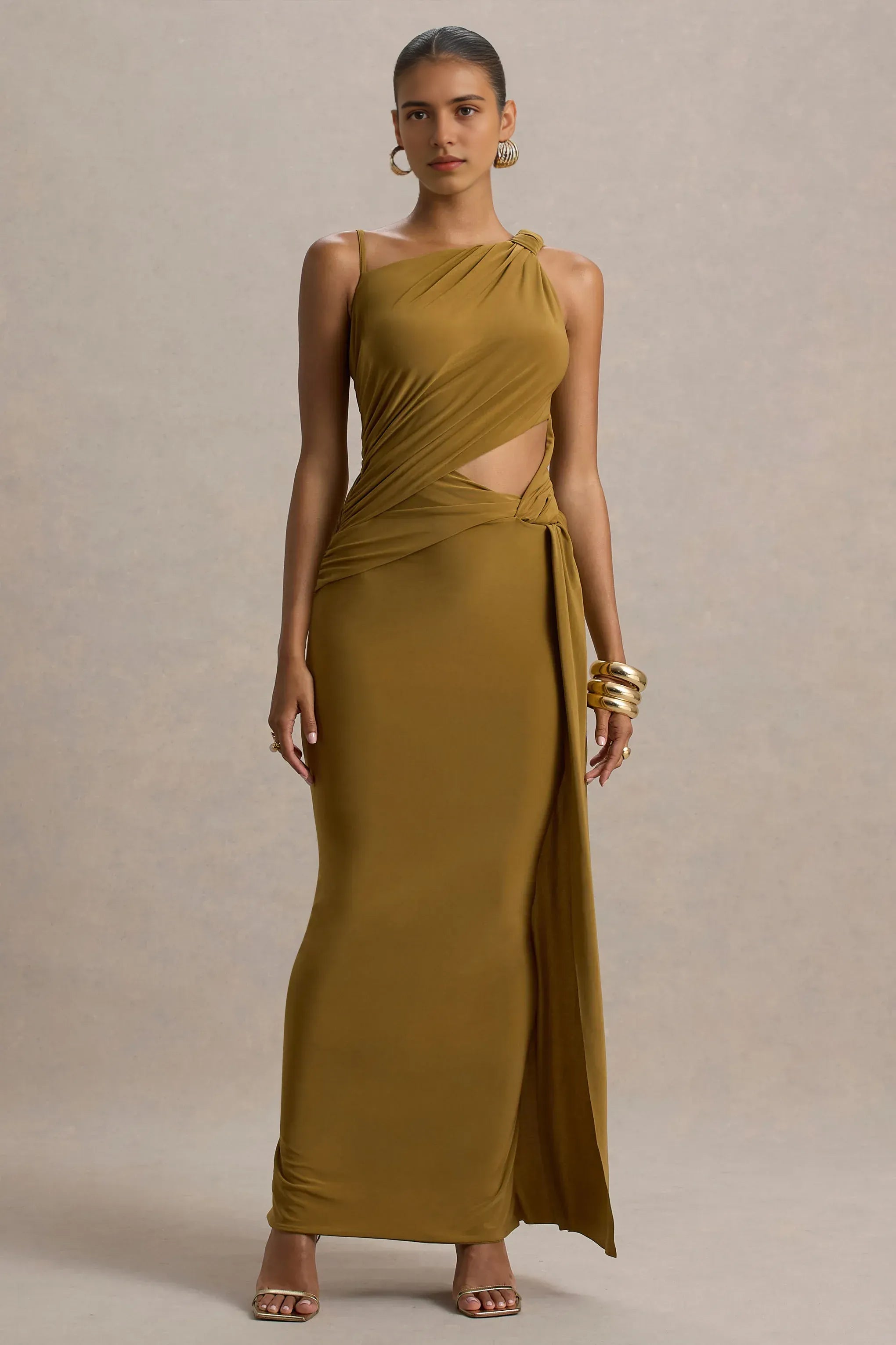 Daring Mermaid One Shoulder Sleeveless Cutout Draped Floor Length Prom Dress