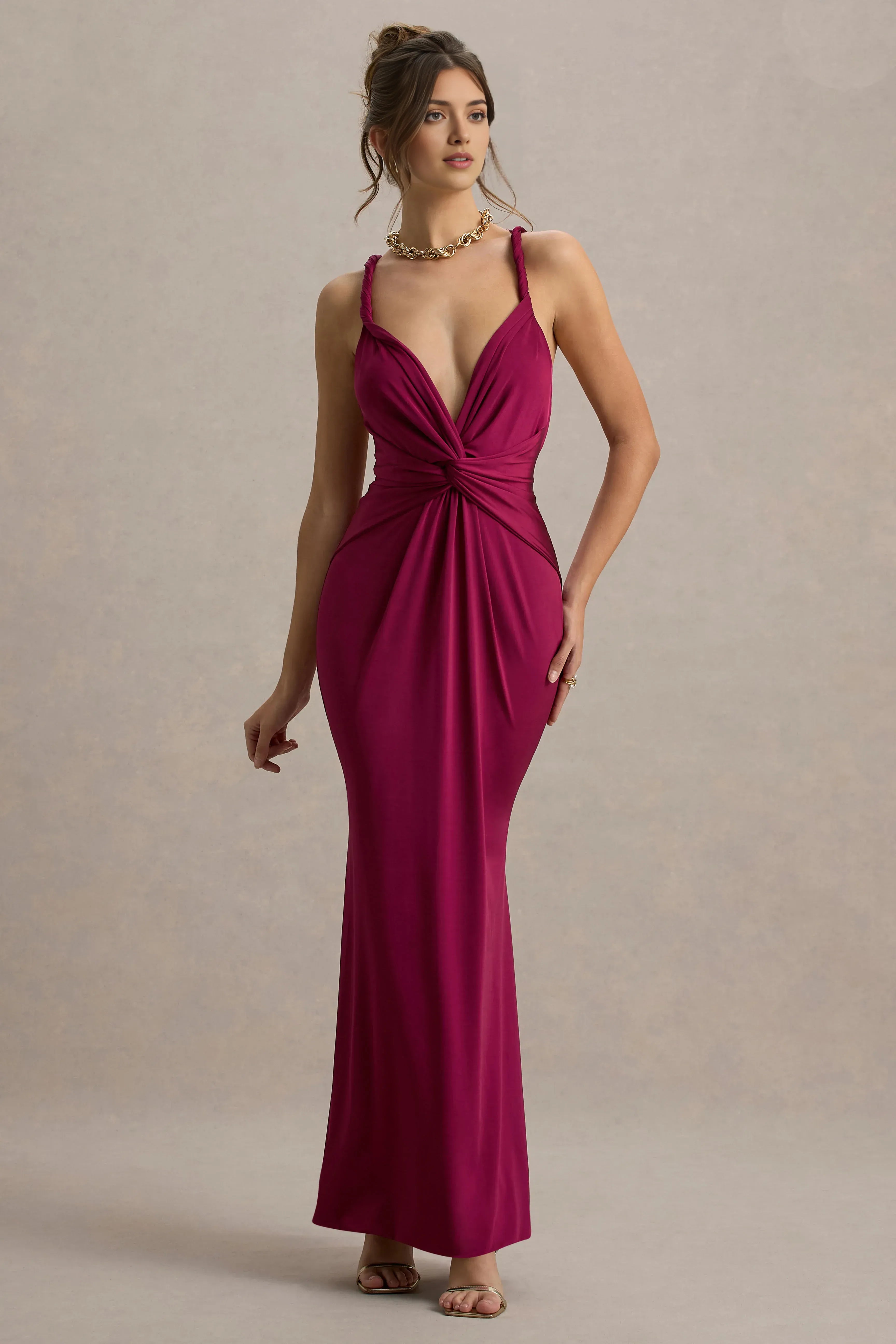 Daring Mermaid Plunge Neck Sleeveless Twist Strap Crisscross Back Floor Length Prom Dress