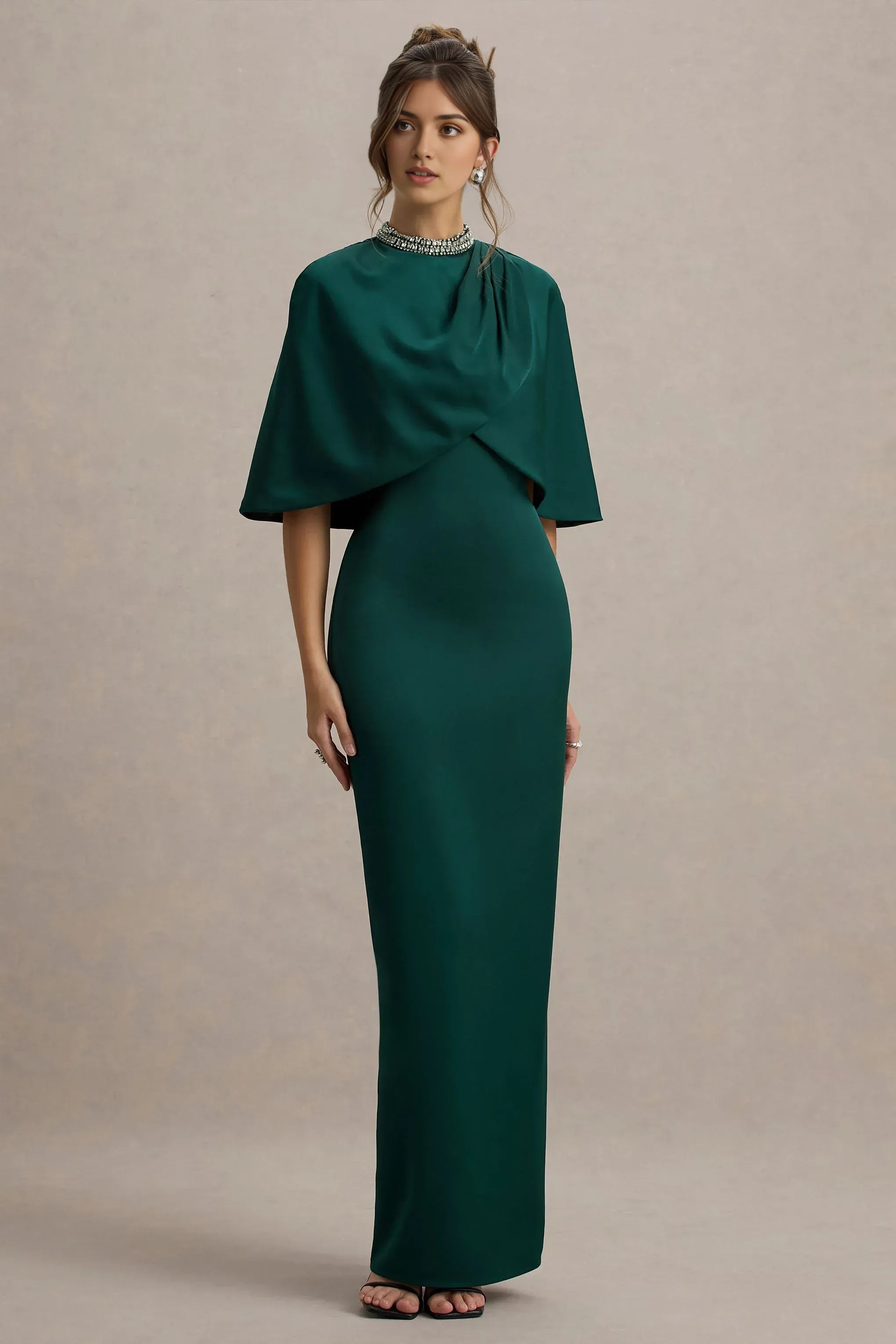 Daring Sheath High Neck Cape Sleeve Beaded Back Slit Floor Length Prom Dress