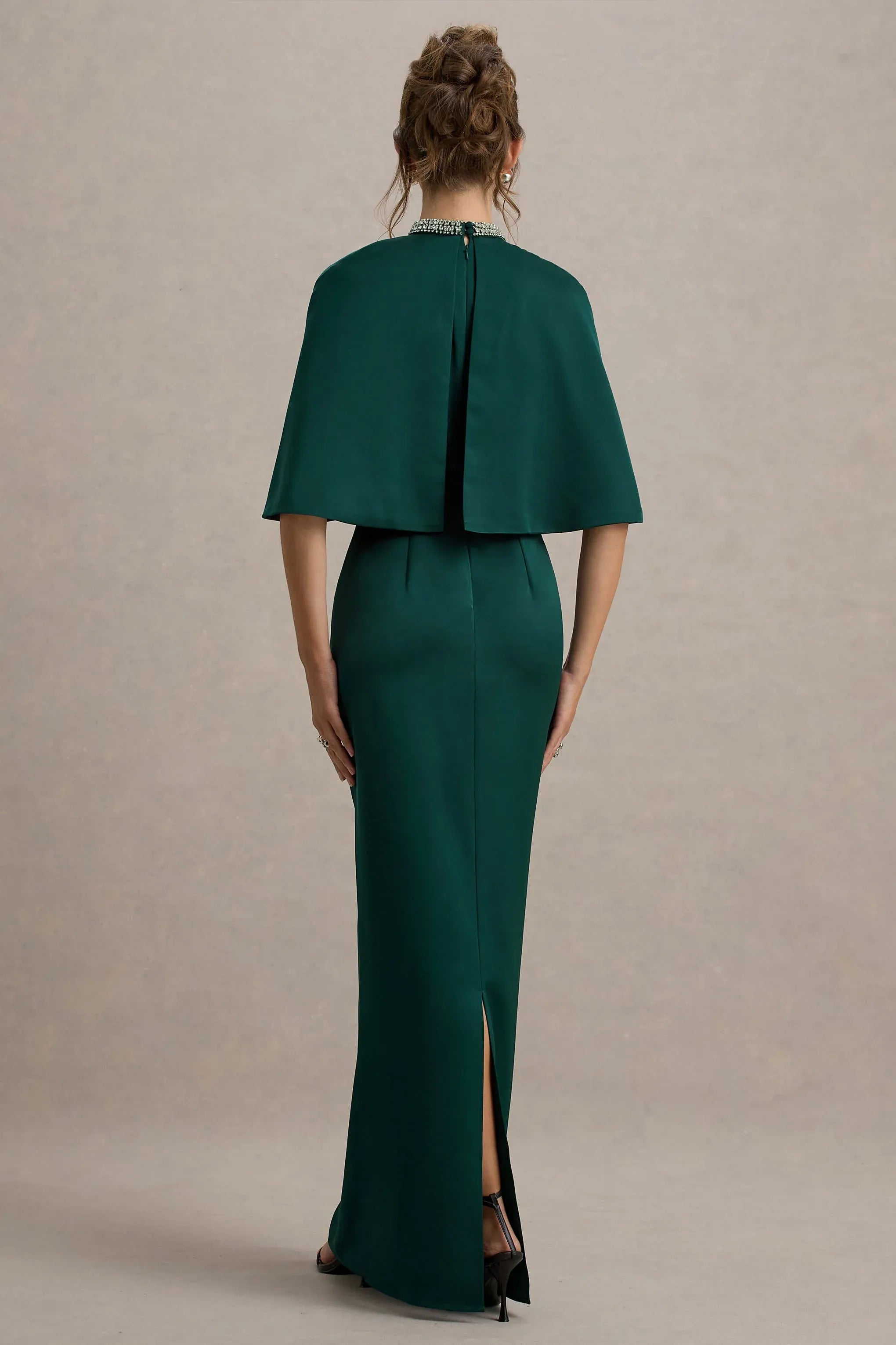 Daring Sheath High Neck Cape Sleeve Beaded Back Slit Floor Length Prom Dress