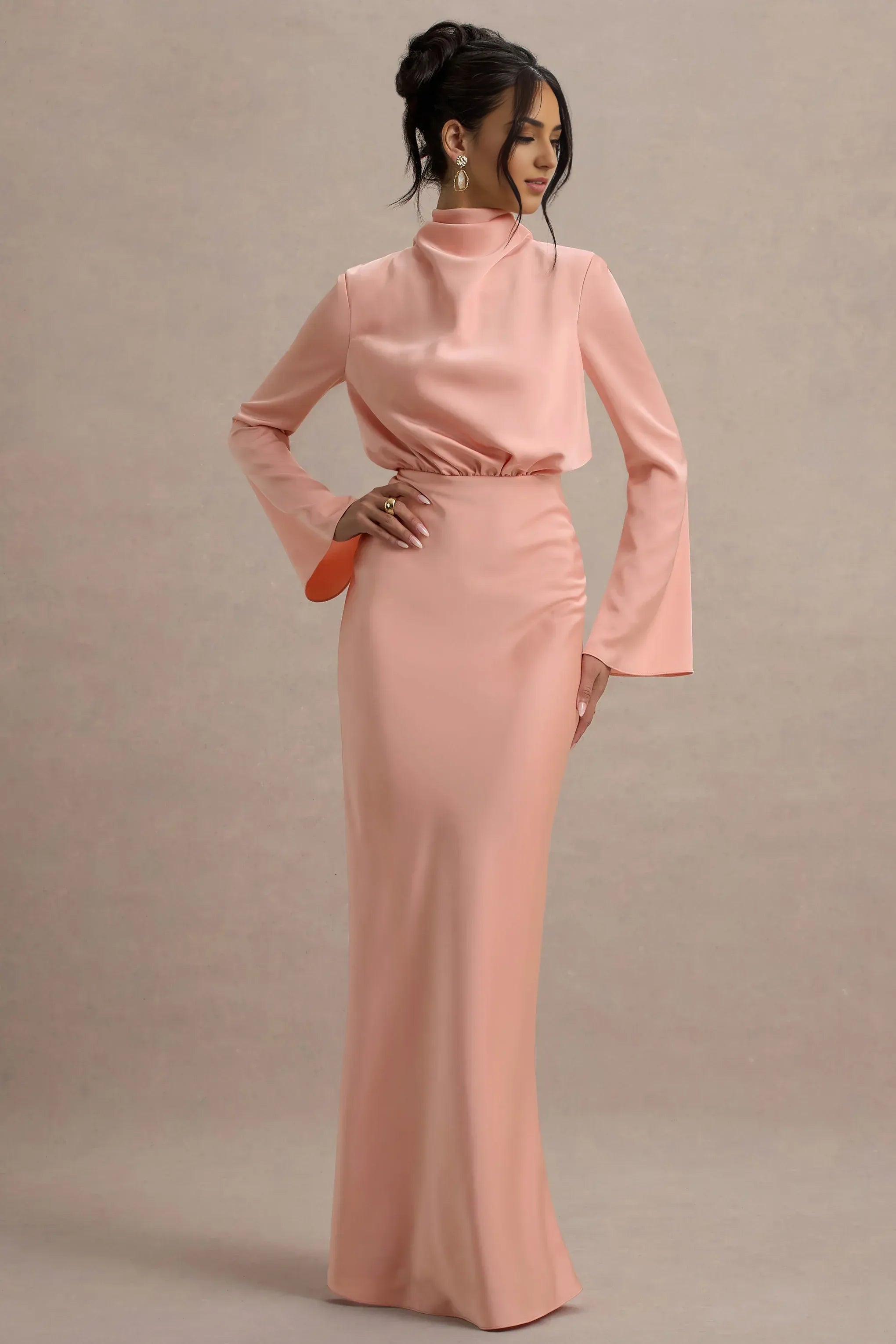 Daring Sheath Mock Neck Bell Sleeve Tie Back Plus Size Floor Length Evening Dress