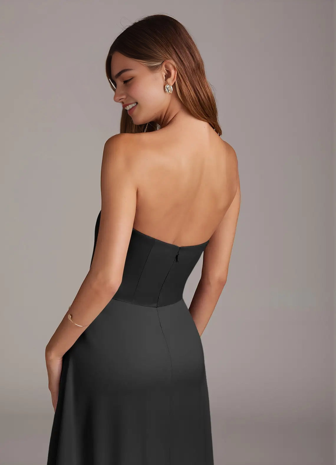 Dark Gray Asymmetrical Strap Maxi Dress with Open Back Black A-Line Strapless Stretch Satin Convertible Dress Bridesmaid Dresses