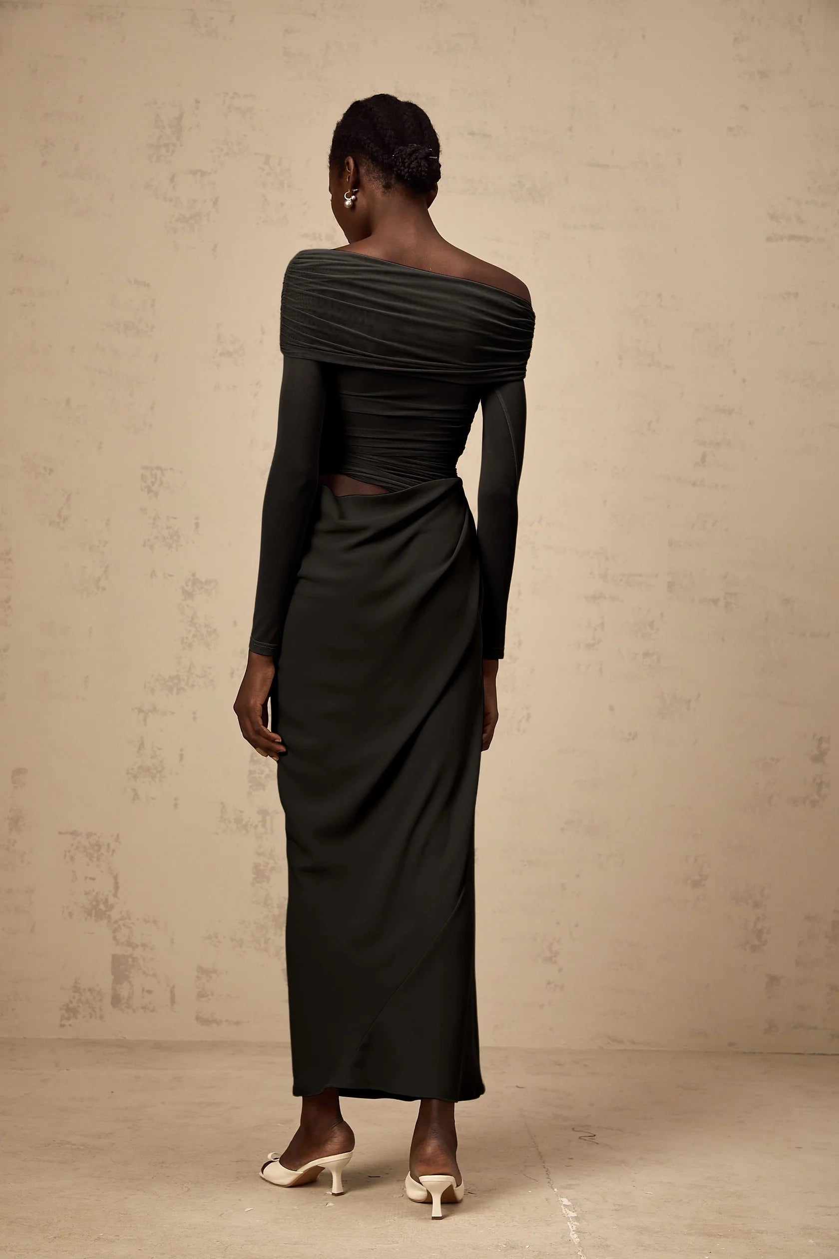 Dark Grey Off - Shoulder Cut - Out Maxi Dress off-shoulder semi-sheer midi dress in Black Evening Dress