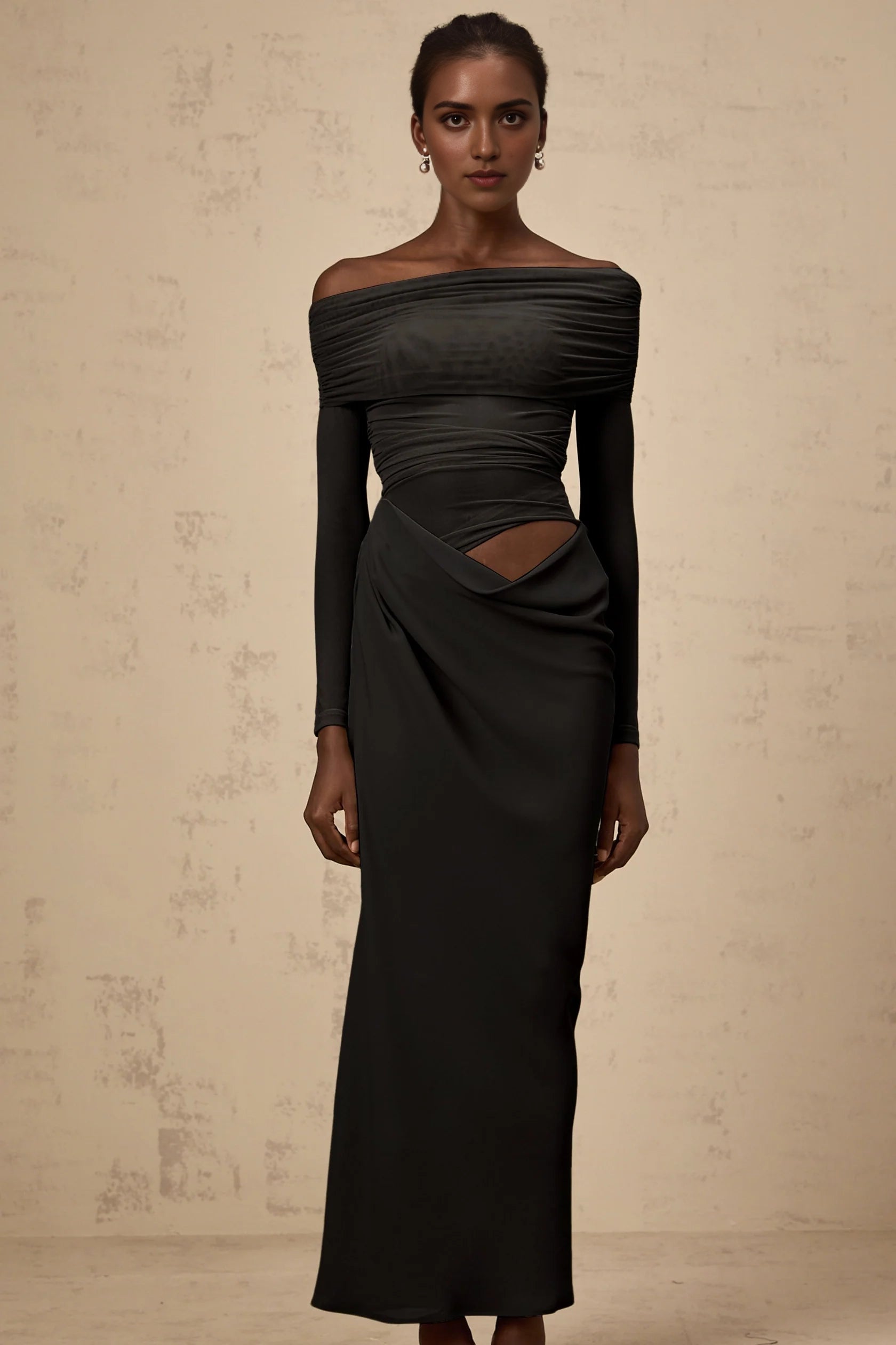 Dark Grey Off - Shoulder Cut - Out Maxi Dress off-shoulder semi-sheer midi dress in Black Evening Dress