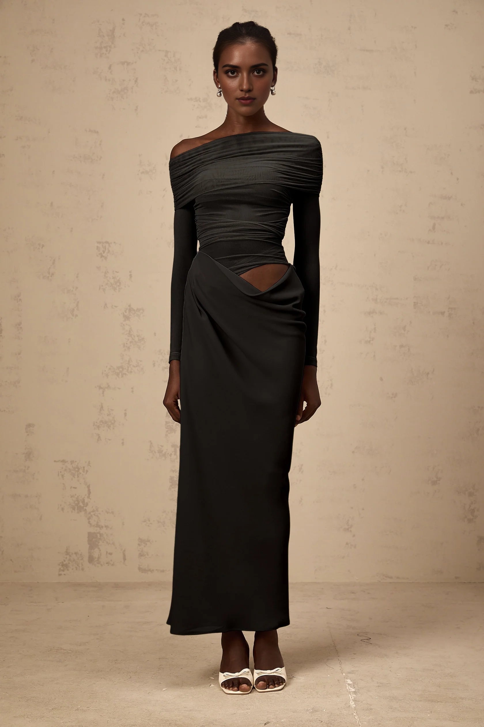 Dark Grey Off - Shoulder Cut - Out Maxi Dress off-shoulder semi-sheer midi dress in Black Evening Dress