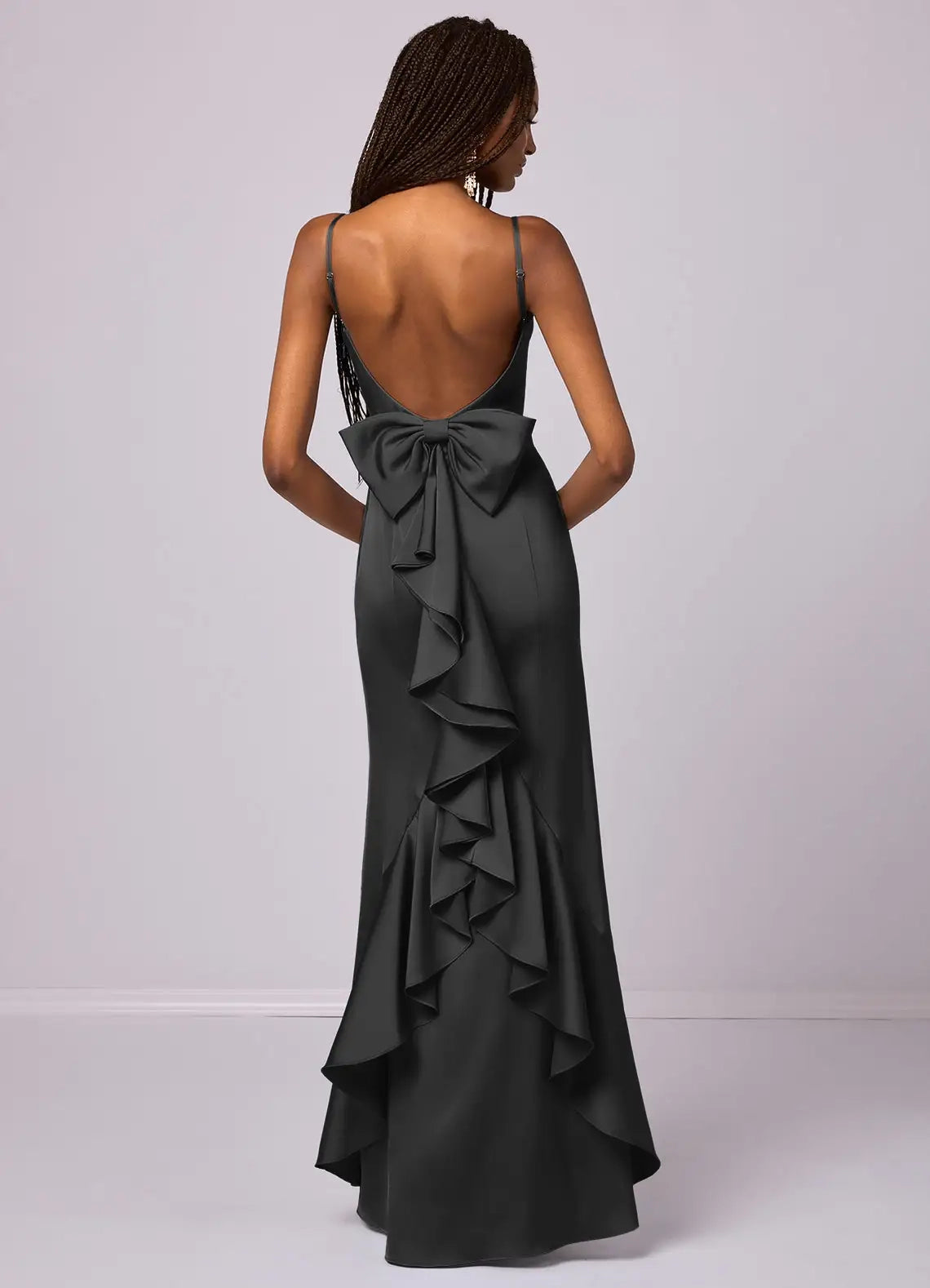 Dark Grey Satin Open-Back Maxi Dress with Bow and Ruffle Detail Mermaid Bow Stretch Satin Dress black Bridesmaid Dresses