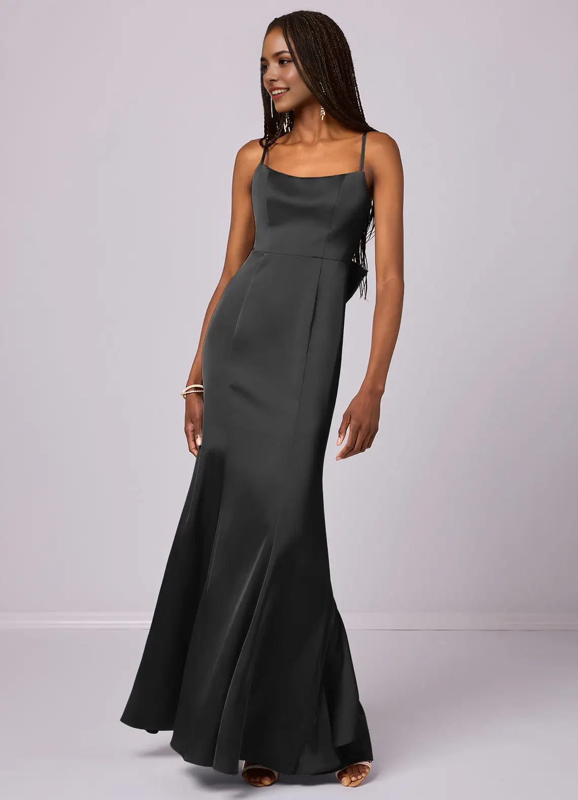 Dark Grey Satin Open-Back Maxi Dress with Bow and Ruffle Detail Mermaid Bow Stretch Satin Dress black Bridesmaid Dresses