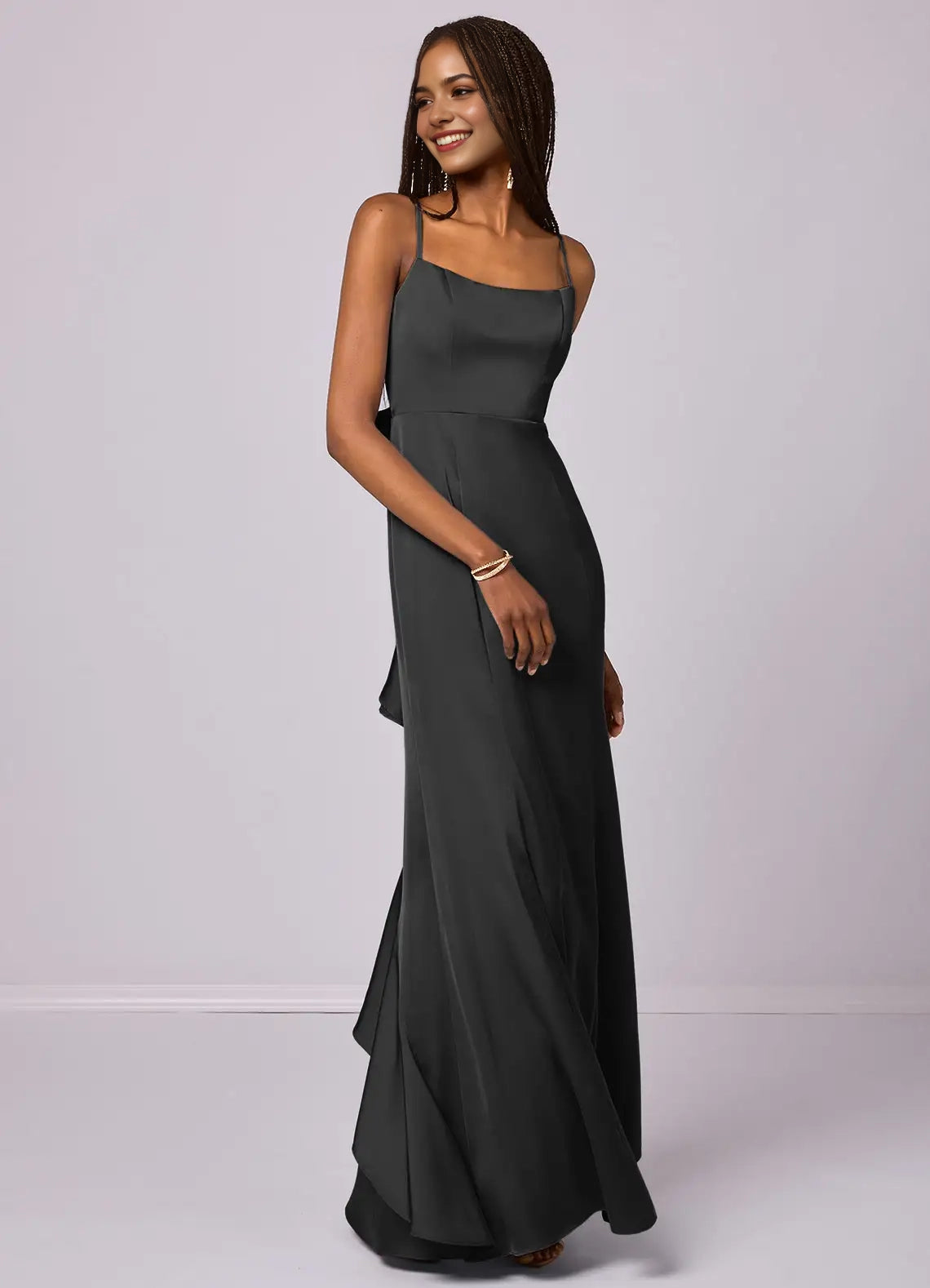 Dark Grey Satin Open-Back Maxi Dress with Bow and Ruffle Detail Mermaid Bow Stretch Satin Dress black Bridesmaid Dresses