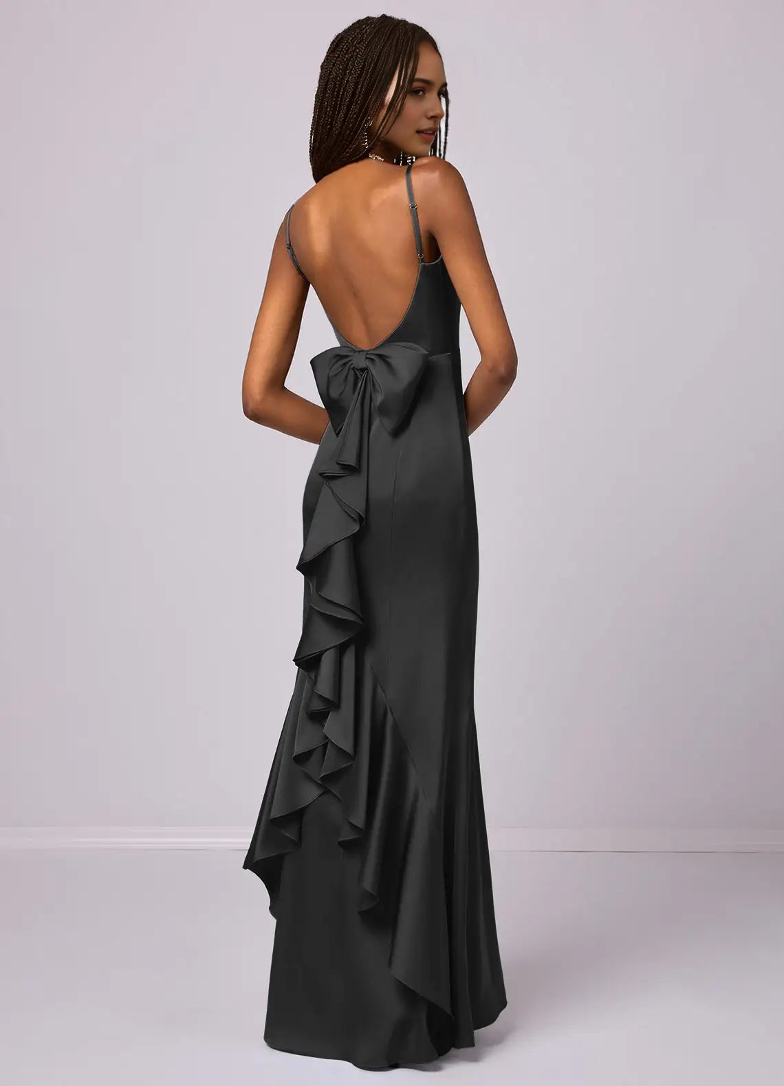 Dark Grey Satin Open-Back Maxi Dress with Bow and Ruffle Detail Mermaid Bow Stretch Satin Dress black Bridesmaid Dresses