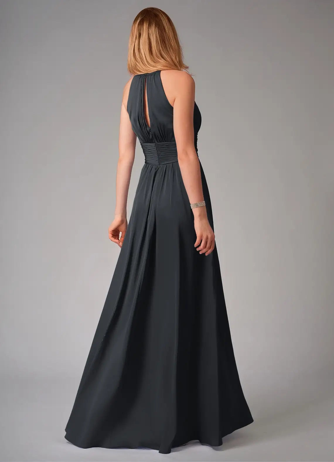 Dark Teal Halter Neck Maxi Dress with Pleated Bodice A-Line Pleated Stretch Satin Dress Bridesmaid Dresses