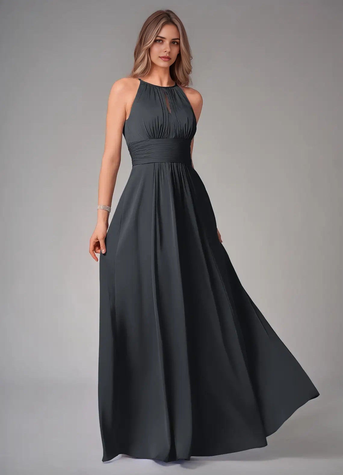 Dark Teal Halter Neck Maxi Dress with Pleated Bodice A-Line Pleated Stretch Satin Dress Bridesmaid Dresses