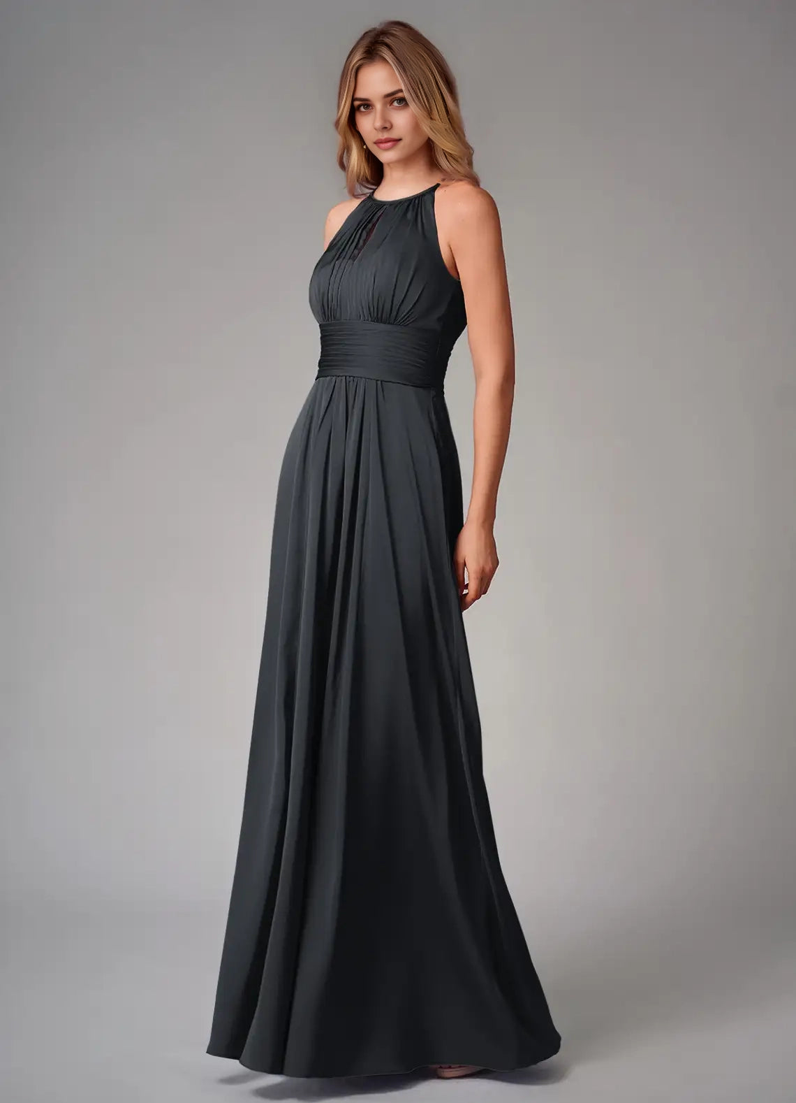 Dark Teal Halter Neck Maxi Dress with Pleated Bodice A-Line Pleated Stretch Satin Dress Bridesmaid Dresses