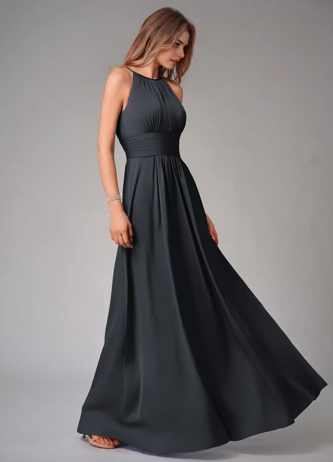 Dark Teal Halter Neck Maxi Dress with Pleated Bodice A-Line Pleated Stretch Satin Dress Bridesmaid Dresses