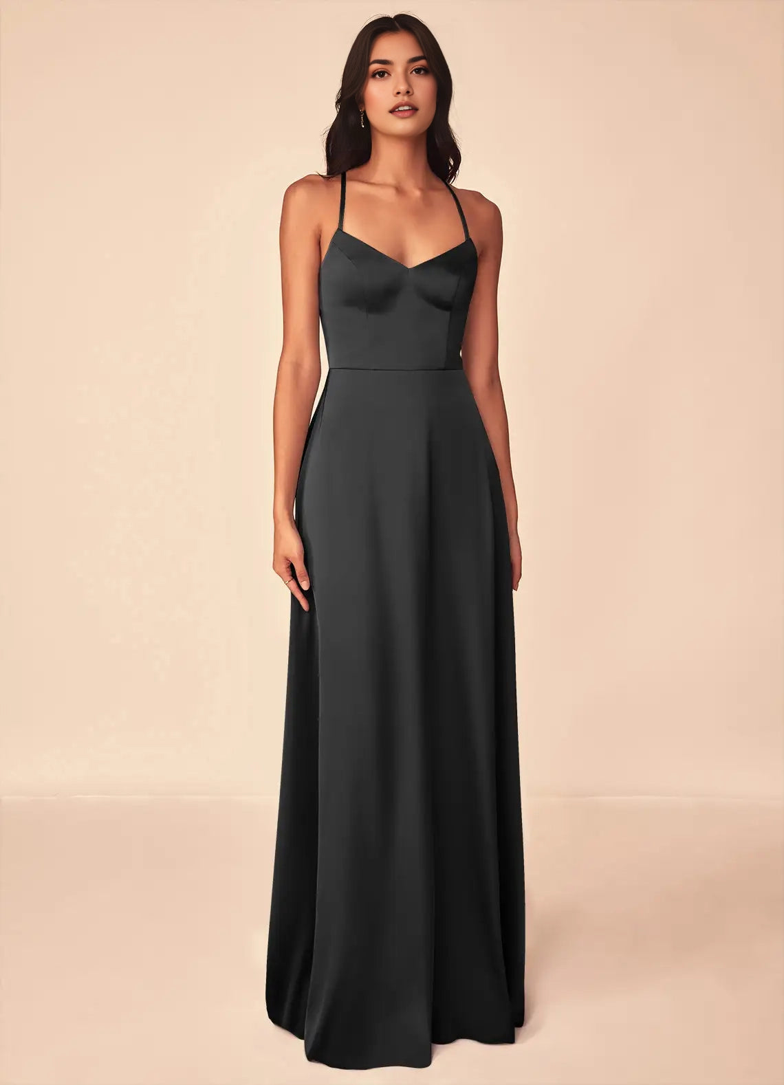 Dark Teal Spaghetti Strap Maxi Dress with Crisscross Back Black A-Line V-Neck Stretch Satin Dress Bridesmaid Dresses