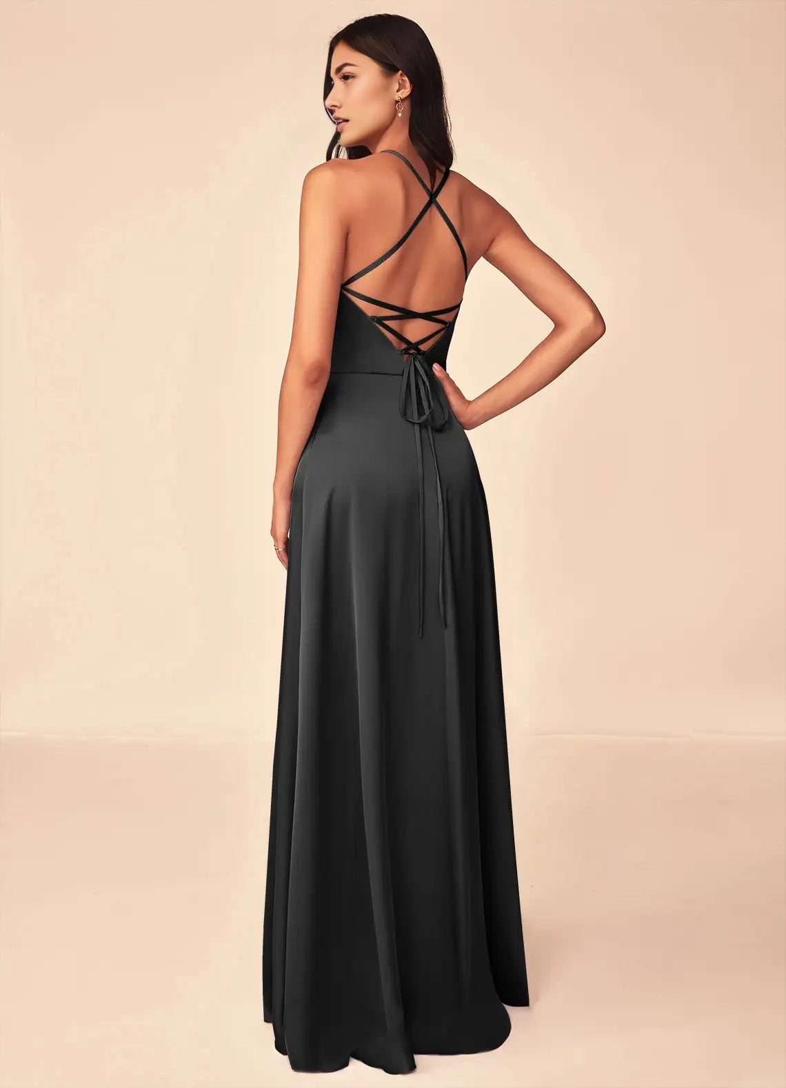 Dark Teal Spaghetti Strap Maxi Dress with Crisscross Back Black A-Line V-Neck Stretch Satin Dress Bridesmaid Dresses
