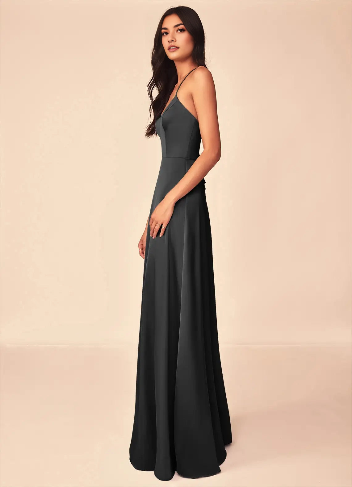 Dark Teal Spaghetti Strap Maxi Dress with Crisscross Back Black A-Line V-Neck Stretch Satin Dress Bridesmaid Dresses