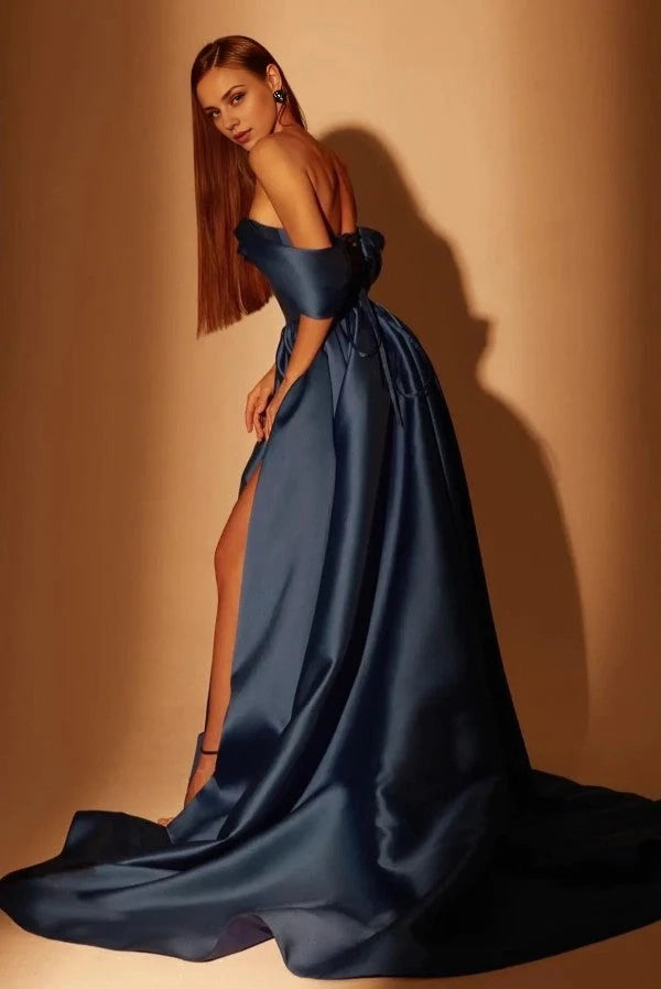 Dark Blue Off-the-Shoulder Prom Dress A-Line Simple gentle atmospheric and unique design
