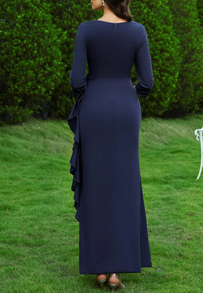 Dark Blue Ruched V Neck Long Sleeve Mermaid Floor Length Dress simple gentle atmospheric and unique desi Bring summer colors to enhance whiteness
