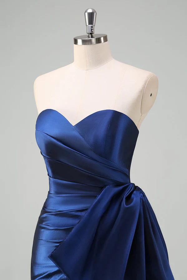 Dark Blue Strapless Pleated Long Prom Dress with Draped Bow Accent simple gentle atmospheric and unique desi