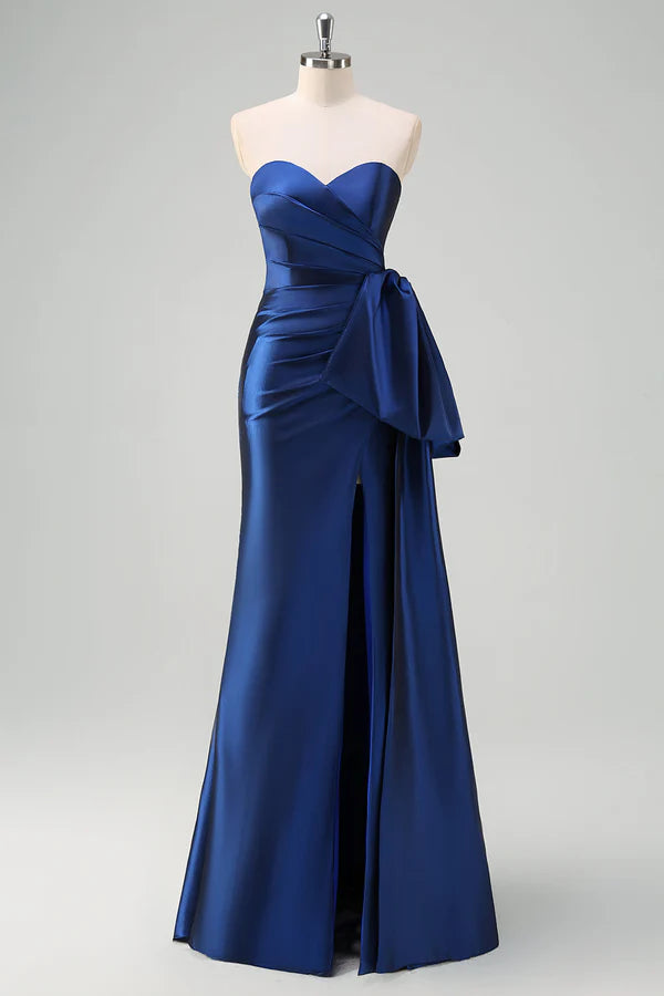 Dark Blue Strapless Pleated Long Prom Dress with Draped Bow Accent simple gentle atmospheric and unique desi