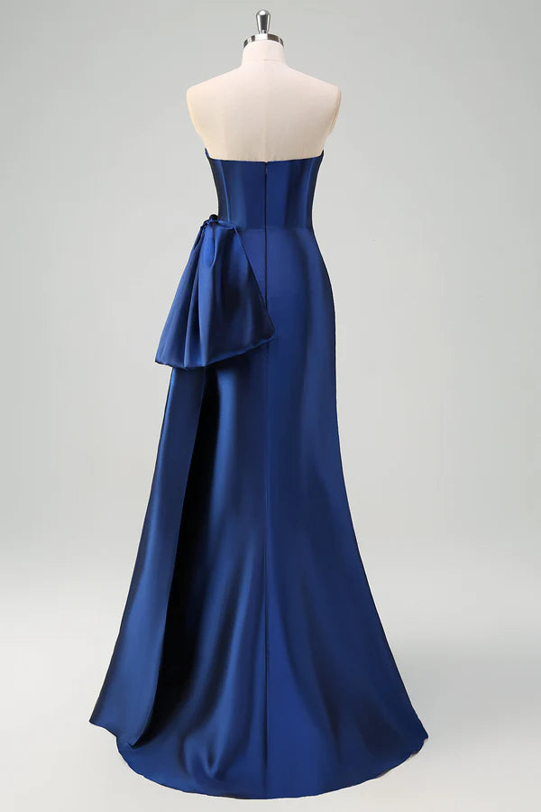 Dark Blue Strapless Pleated Long Prom Dress with Draped Bow Accent simple gentle atmospheric and unique desi