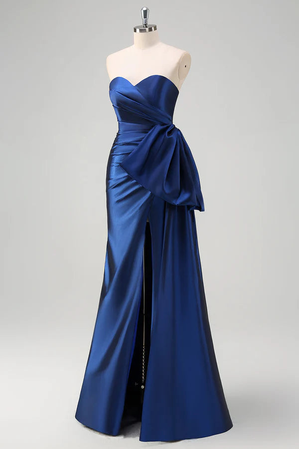 Dark Blue Strapless Pleated Long Prom Dress with Draped Bow Accent simple gentle atmospheric and unique desi