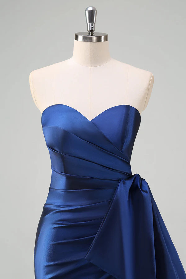 Dark Blue Strapless Pleated Long Prom Dress with Draped Bow Accent simple gentle atmospheric and unique desi