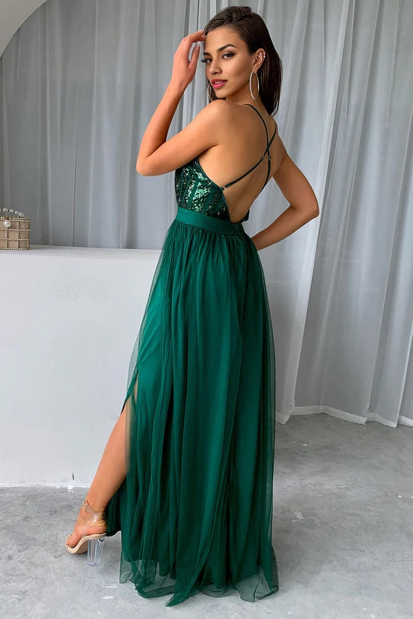 Dark Green A-Line Spaghetti Straps Long Prom Dress with Slit simple gentle atmospheric and unique desi