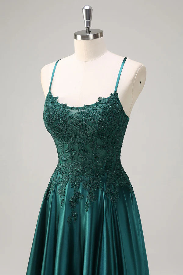 Dark Green A-Line Spaghetti Straps Satin Beaded Long Prom Dress with Appliques simple gentle atmospheric and unique desi