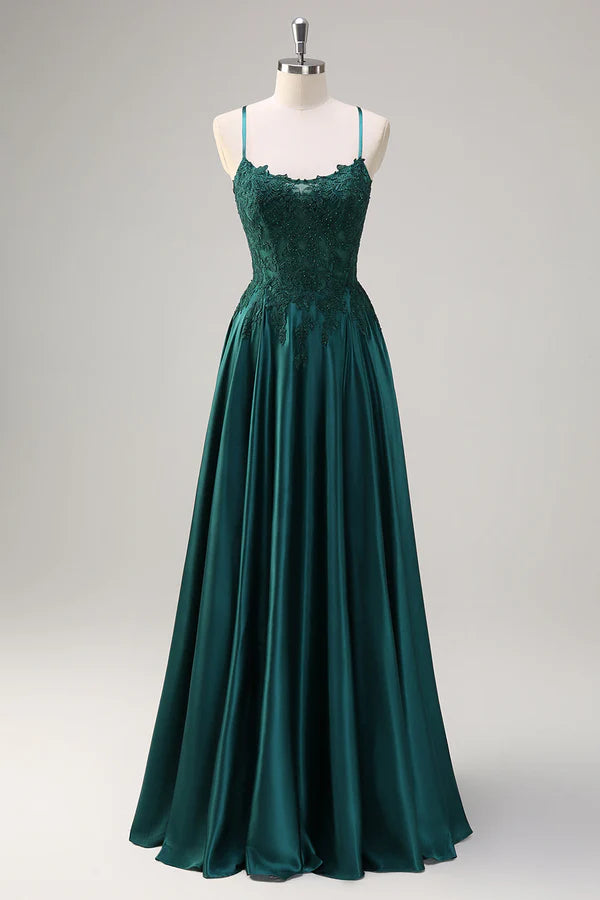 Dark Green A-Line Spaghetti Straps Satin Beaded Long Prom Dress with Appliques simple gentle atmospheric and unique desi